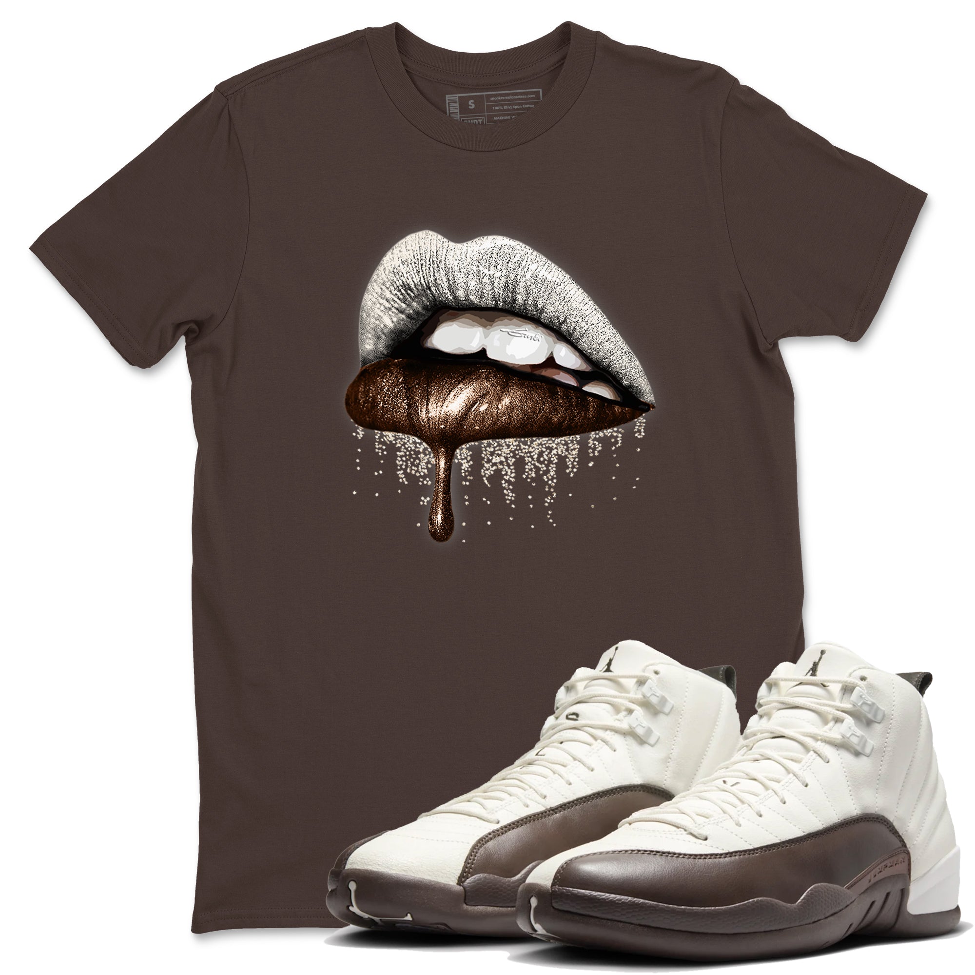 AJ12 Baroque Brown shirts to match jordans Dripping Lips best t shirts to wear with jordans SoleFly x Jordan 12 Baroque Brown match shoes to clothes SNRT Sneaker Tees unisex cotton Dark Chocolate 1 shirts