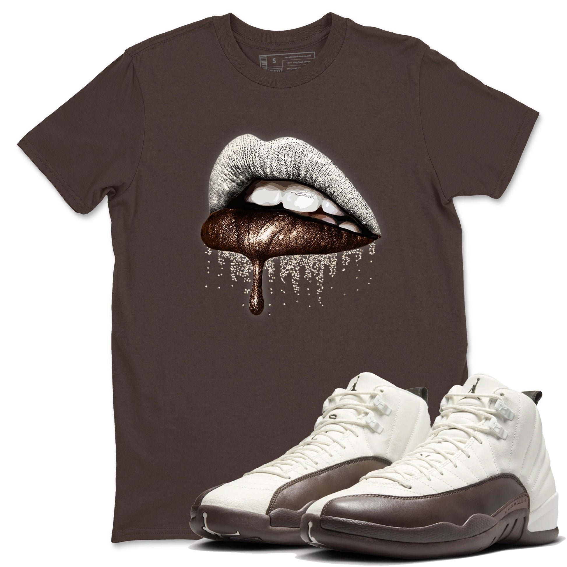AJ12 Baroque Brown shirts to match jordans Dripping Lips best t shirts to wear with jordans SoleFly x Jordan 12 Baroque Brown match shoes to clothes SNRT Sneaker Tees unisex cotton Dark Chocolate 1 shirts