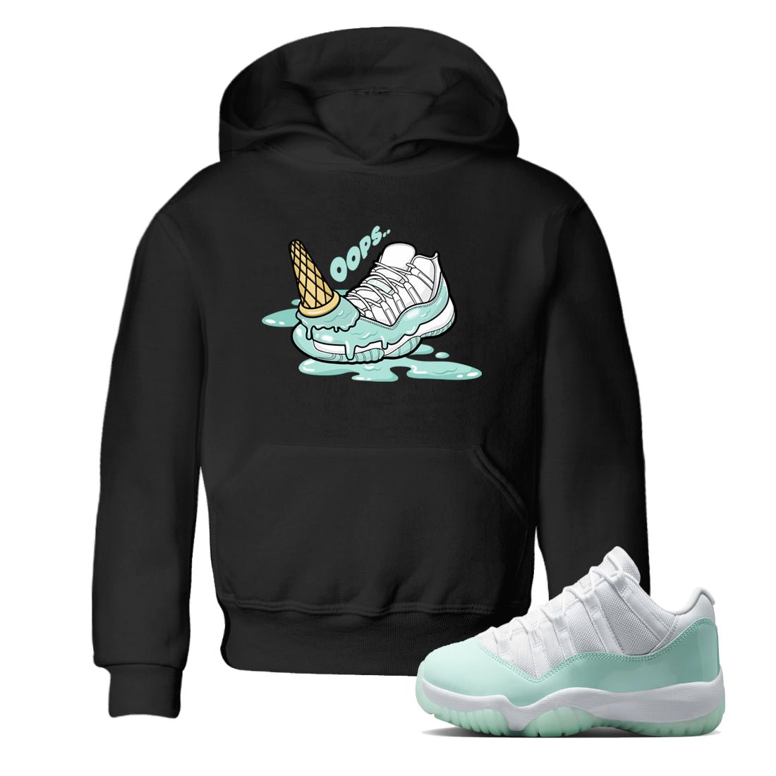 Dropped Ice Cream baby and kids t-shirt crafted for little sneakerheads to shine with the Air Jordan 11 Igloo sneakers, displayed in Black 1.