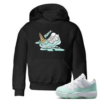 Dropped Ice Cream baby and kids t-shirt crafted for little sneakerheads to shine with the Air Jordan 11 Igloo sneakers, displayed in Black 1.