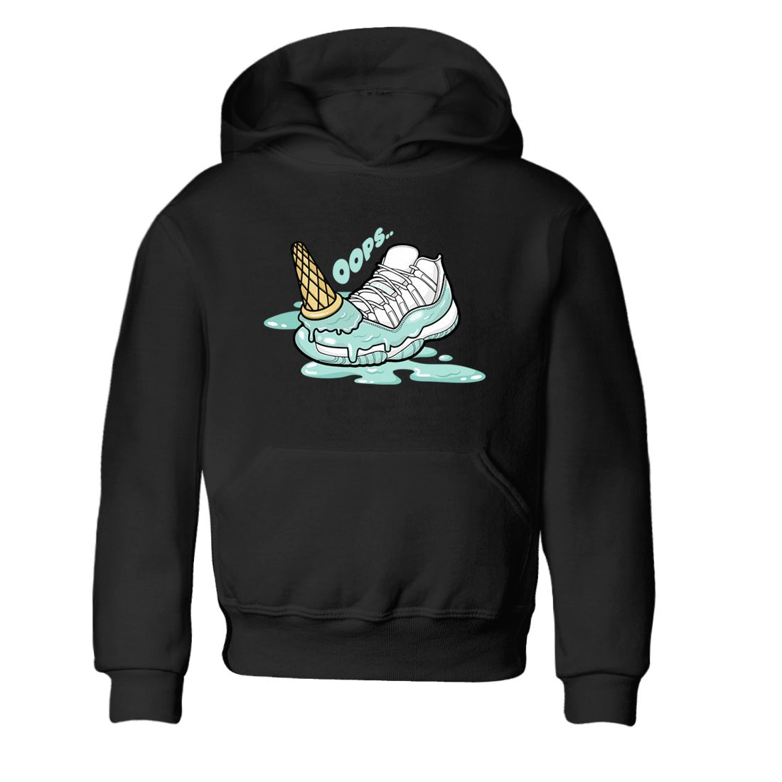Dropped Ice Cream baby and kids t-shirt crafted for little sneakerheads to shine with the Air Jordan 11 Igloo sneakers, displayed in Black 2.