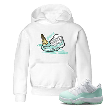 Dropped Ice Cream baby and kids t-shirt crafted for little sneakerheads to shine with the Air Jordan 11 Igloo sneakers, displayed in White 1.