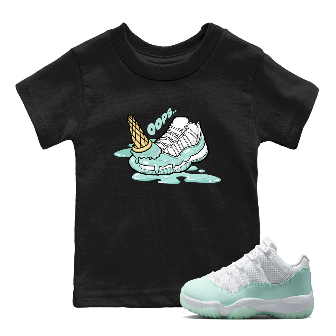 Dropped Ice Cream baby and kids t-shirt crafted for little sneakerheads to shine with the Air Jordan 11 Igloo sneakers, displayed in Black 1.
