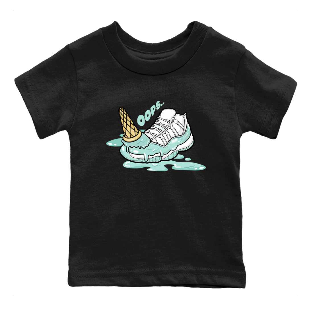 Dropped Ice Cream baby and kids t-shirt crafted for little sneakerheads to shine with the Air Jordan 11 Igloo sneakers, displayed in Black 2.