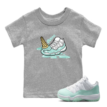 Dropped Ice Cream baby and kids t-shirt crafted for little sneakerheads to shine with the Air Jordan 11 Igloo sneakers, displayed in Heather Grey 1.