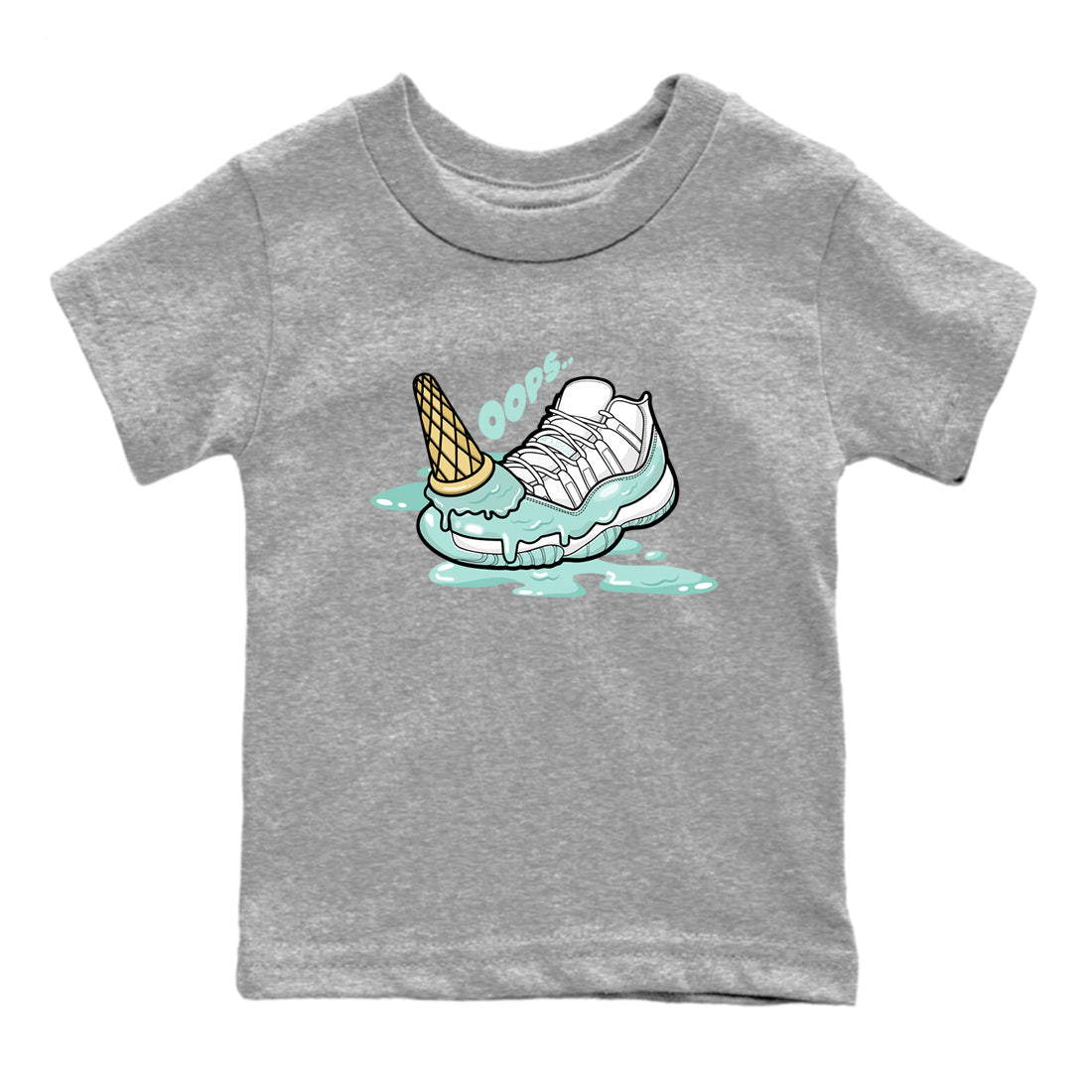 Dropped Ice Cream baby and kids t-shirt crafted for little sneakerheads to shine with the Air Jordan 11 Igloo sneakers, displayed in Heather Grey 2.
