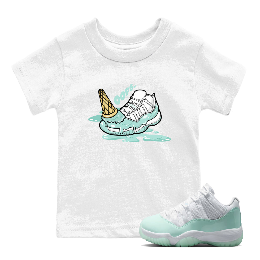 Dropped Ice Cream baby and kids t-shirt crafted for little sneakerheads to shine with the Air Jordan 11 Igloo sneakers, displayed in White 1.
