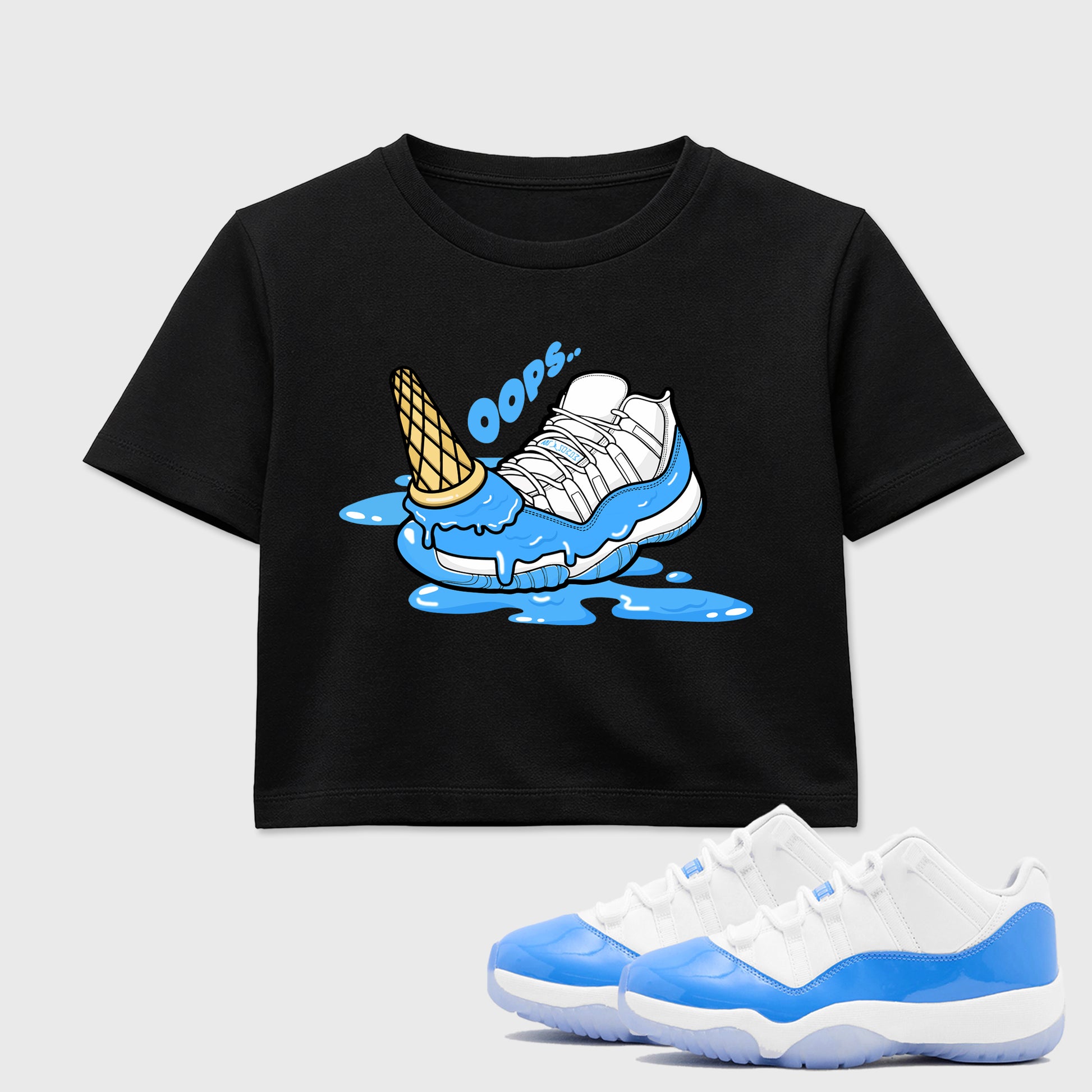 Sneaker match tees – Sneaker Tees To Match Air Jordan 11 University Blue Shoes – Dropped Ice Cream Crop T-Shirt Black 1