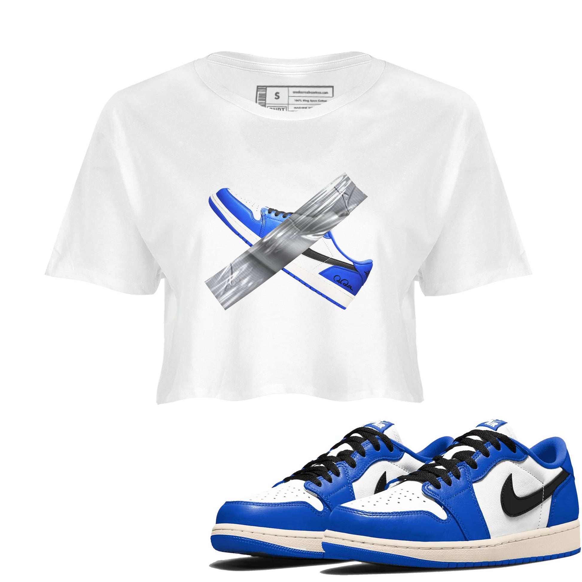 AJ1 Game Royal shirt to match jordans Duct Tape sneaker tees Air Jordan 1 Game Royal SNRT Sneaker Release Tees White 1 crop length shirt