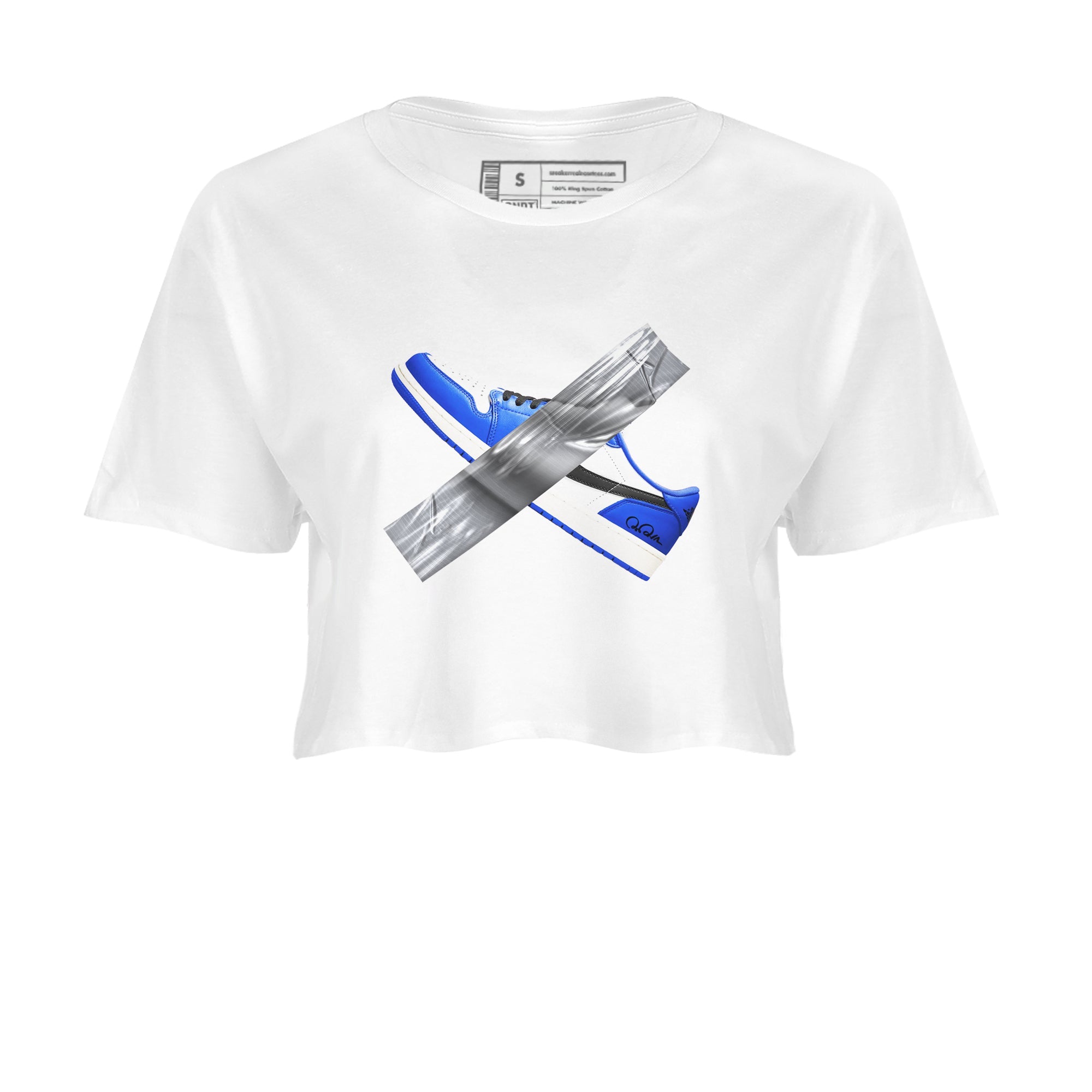 AJ1 Game Royal shirt to match jordans Duct Tape sneaker tees Air Jordan 1 Game Royal SNRT Sneaker Release Tees White 2 crop length shirt