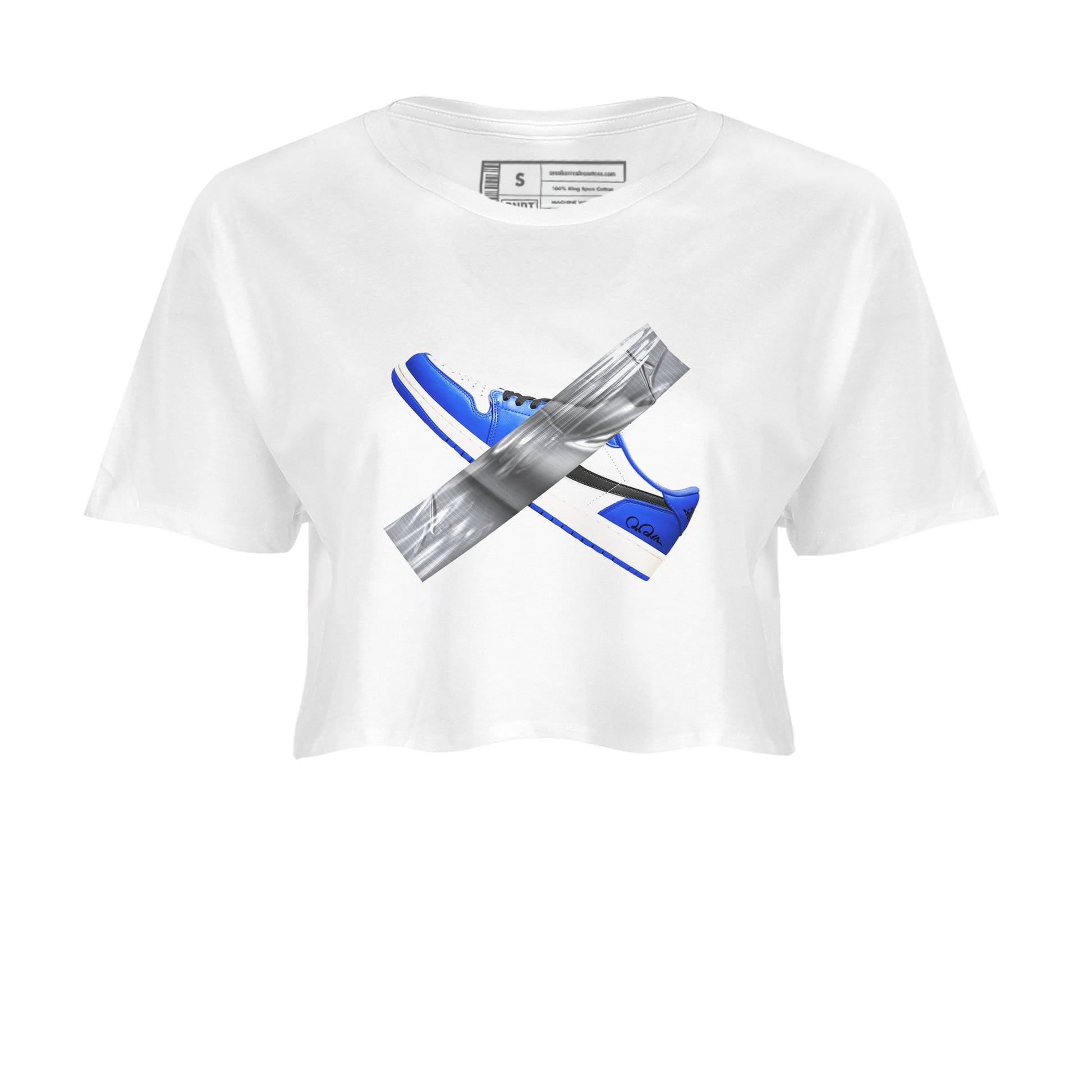 AJ1 Game Royal shirt to match jordans Duct Tape sneaker tees Air Jordan 1 Game Royal SNRT Sneaker Release Tees White 2 crop length shirt