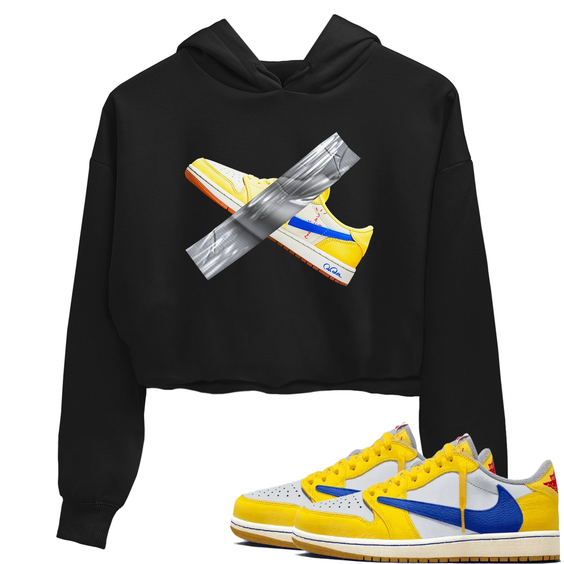 1s Travis Scott Canary shirt to match jordans Duct Tape sneaker tees Air Jordan 1 Travis Scott Canary SNRT Sneaker Release Tees Black 2 crop length shirt