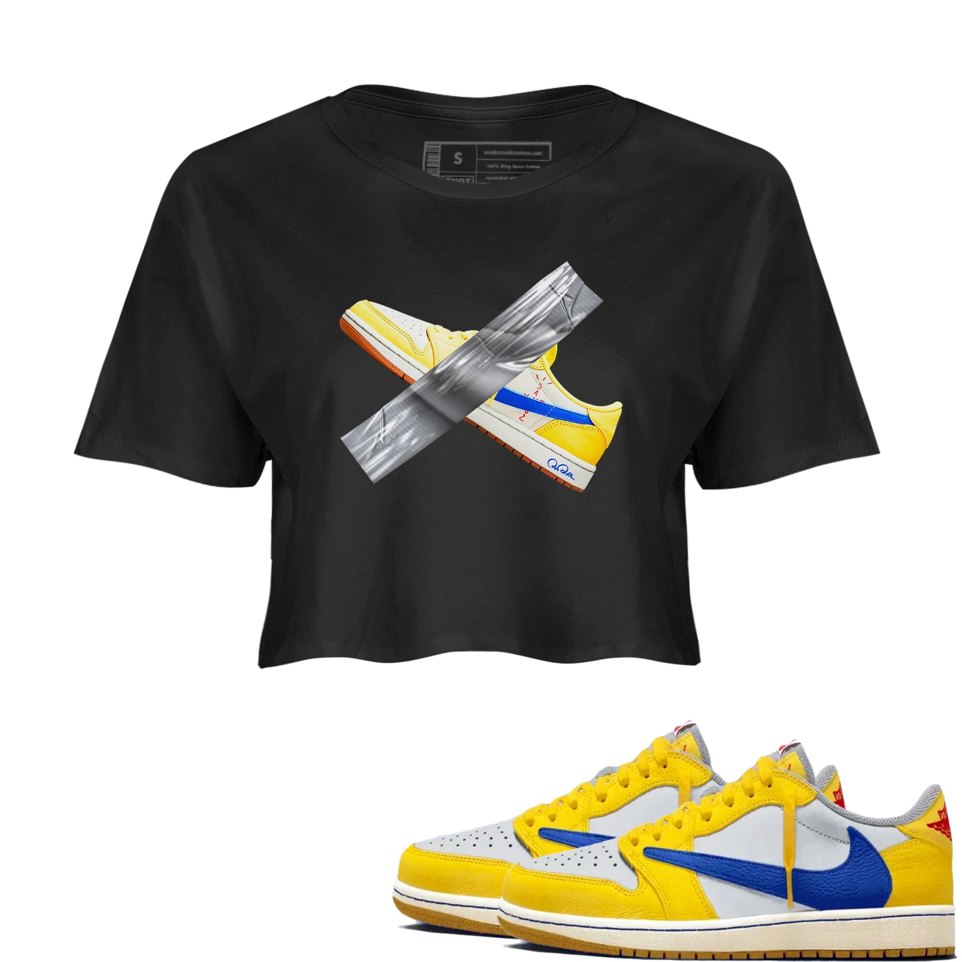 1s Travis Scott Canary shirt to match jordans Duct Tape sneaker tees Air Jordan 1 Travis Scott Canary SNRT Sneaker Release Tees Black 1 crop length shirt