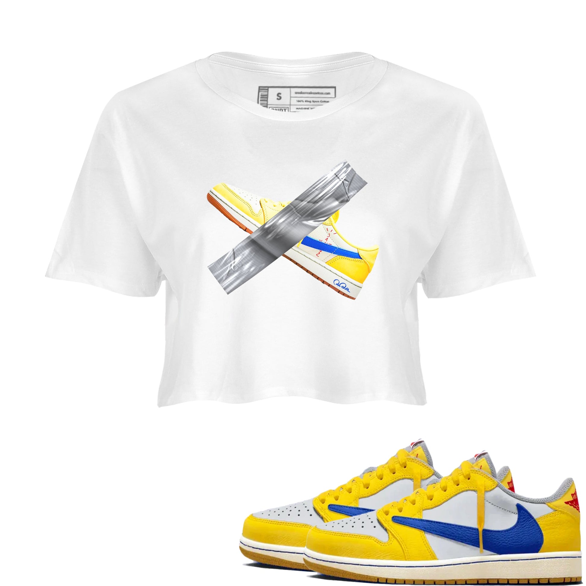 1s Travis Scott Canary shirt to match jordans Duct Tape sneaker tees Air Jordan 1 Travis Scott Canary SNRT Sneaker Release Tees White 1 crop length shirt