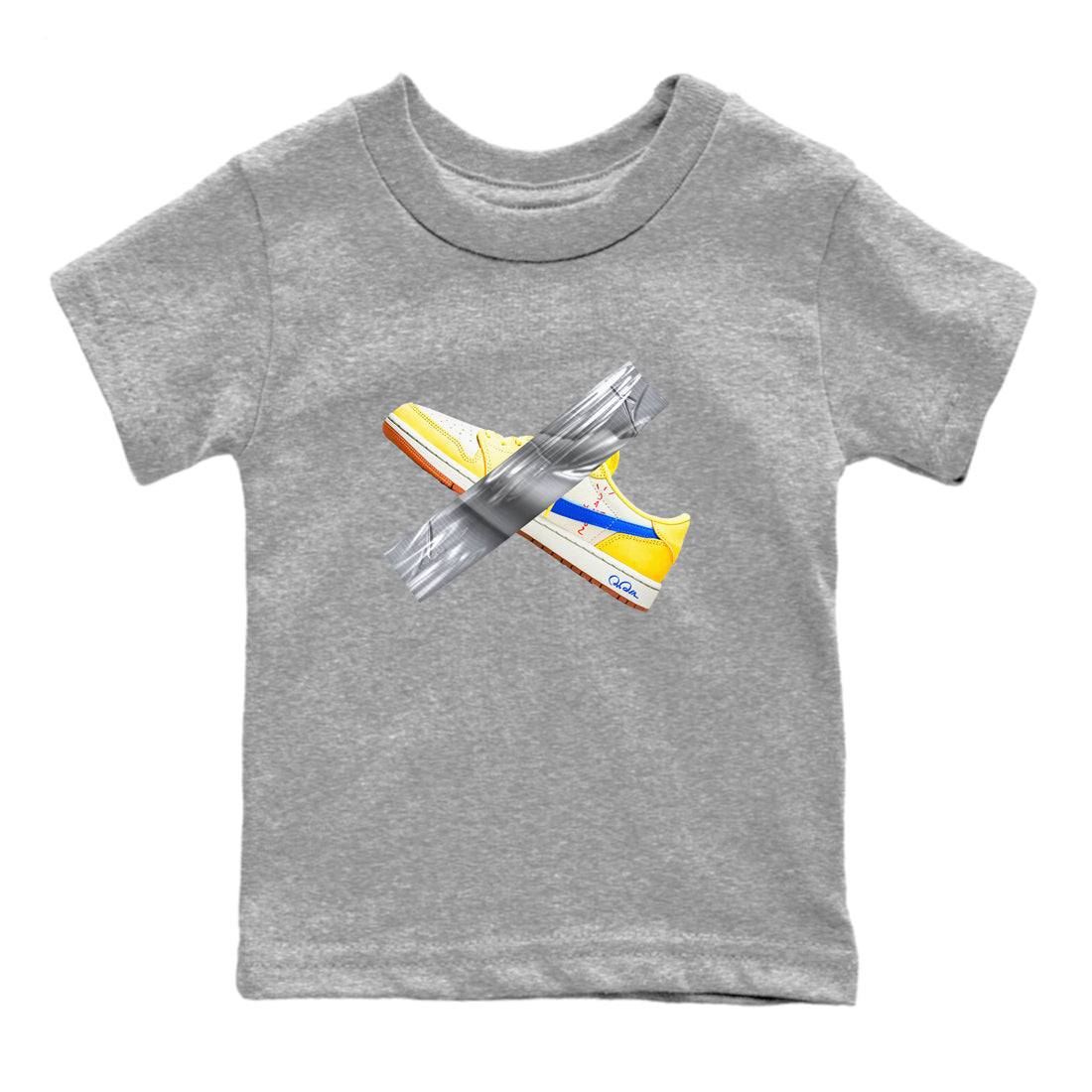 1s Travis Scott Canary shirt to match jordans Duct Tape sneaker tees Air Jordan 1 Travis Scott Canary SNRT sneaker release tees baby toddler Heather Grey 2 cotton Shirt