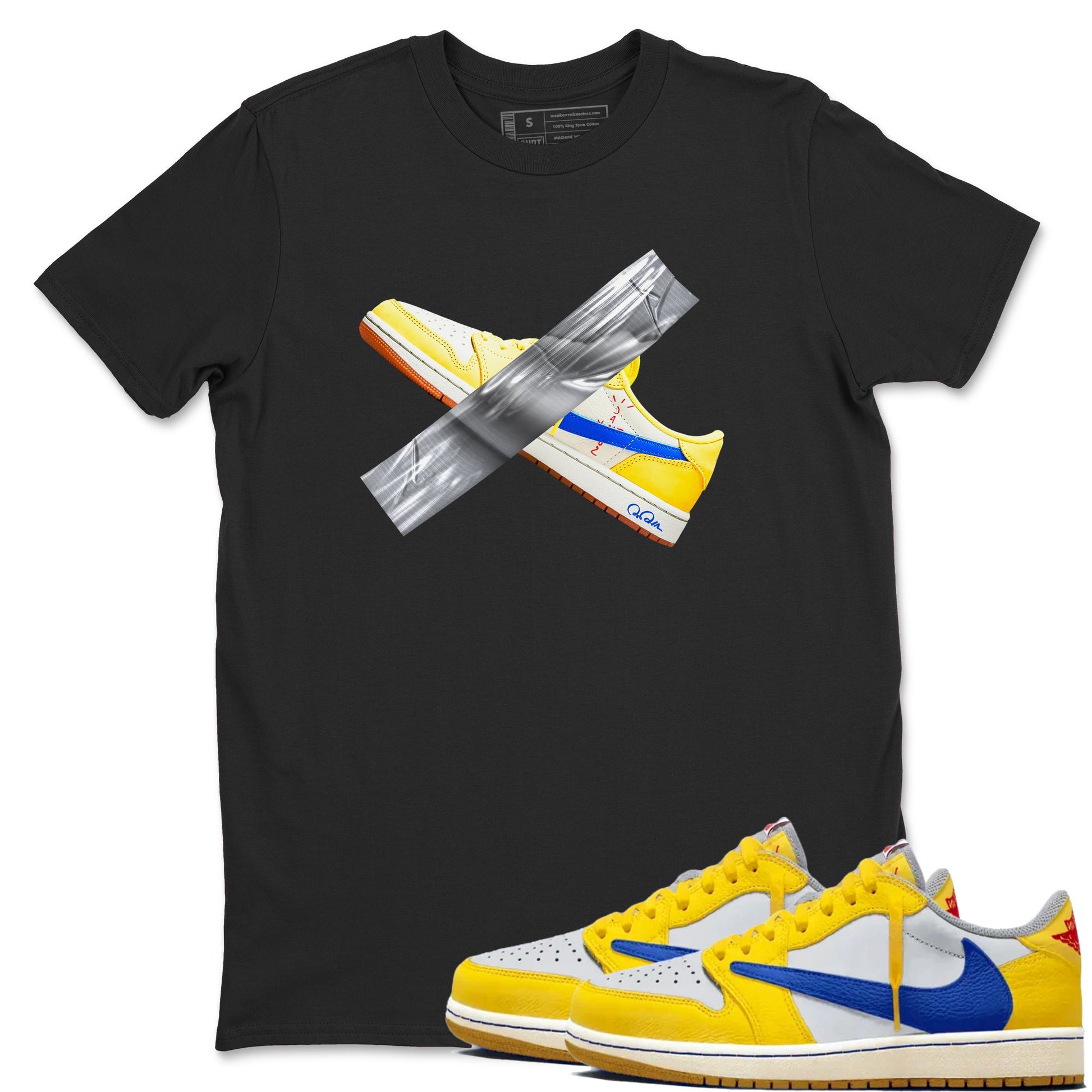 1s Travis Scott Canary shirt to match jordans Duct Tape sneaker tees Air Jordan 1 Travis Scott Canary SNRT Sneaker Release Tees unisex cotton Black 1 crew neck shirt