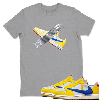 1s Travis Scott Canary shirt to match jordans Duct Tape sneaker tees Air Jordan 1 Travis Scott Canary SNRT Sneaker Release Tees unisex cotton Heather Grey 1 crew neck shirt