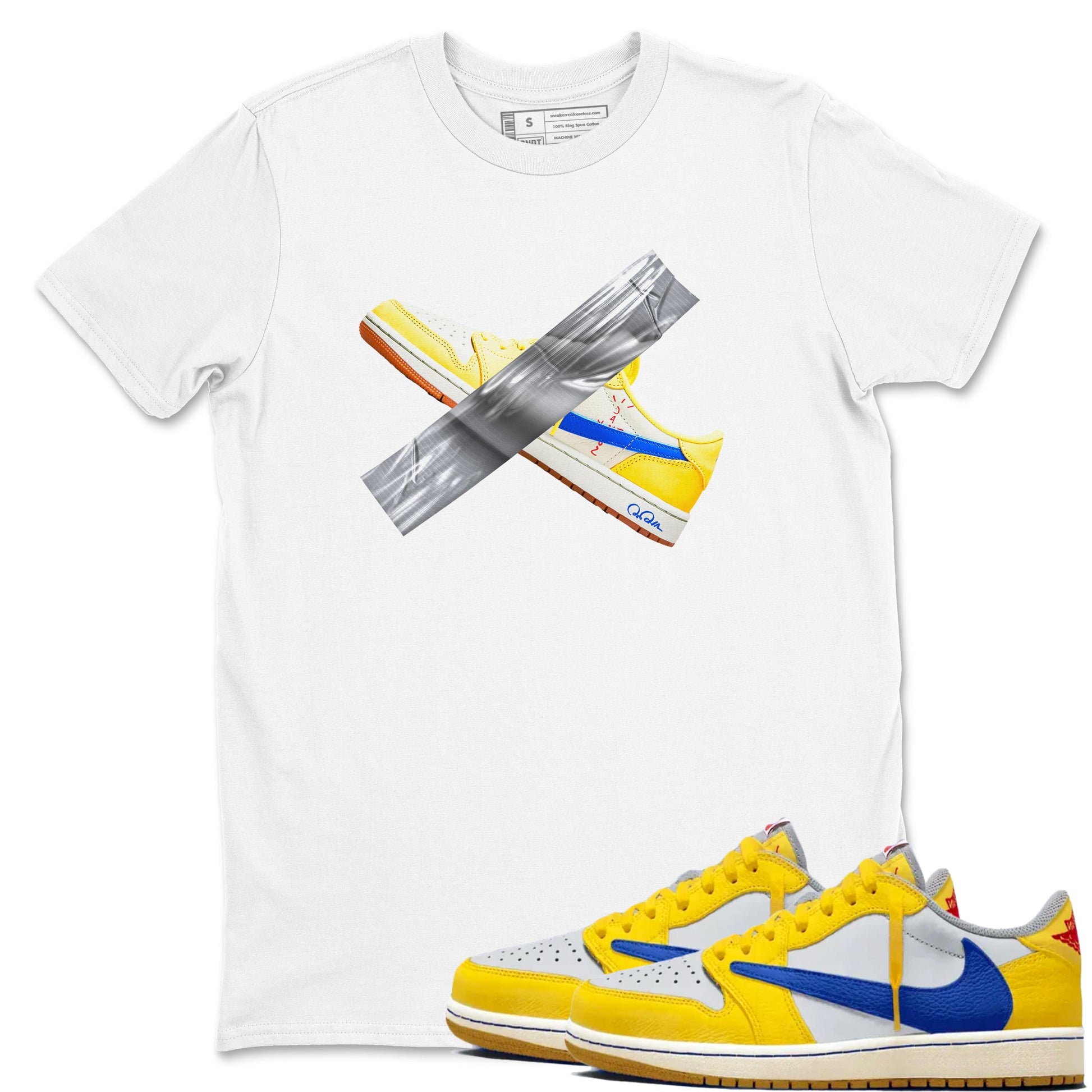 1s Travis Scott Canary shirt to match jordans Duct Tape sneaker tees Air Jordan 1 Travis Scott Canary SNRT Sneaker Release Tees unisex cotton White 1 crew neck shirt