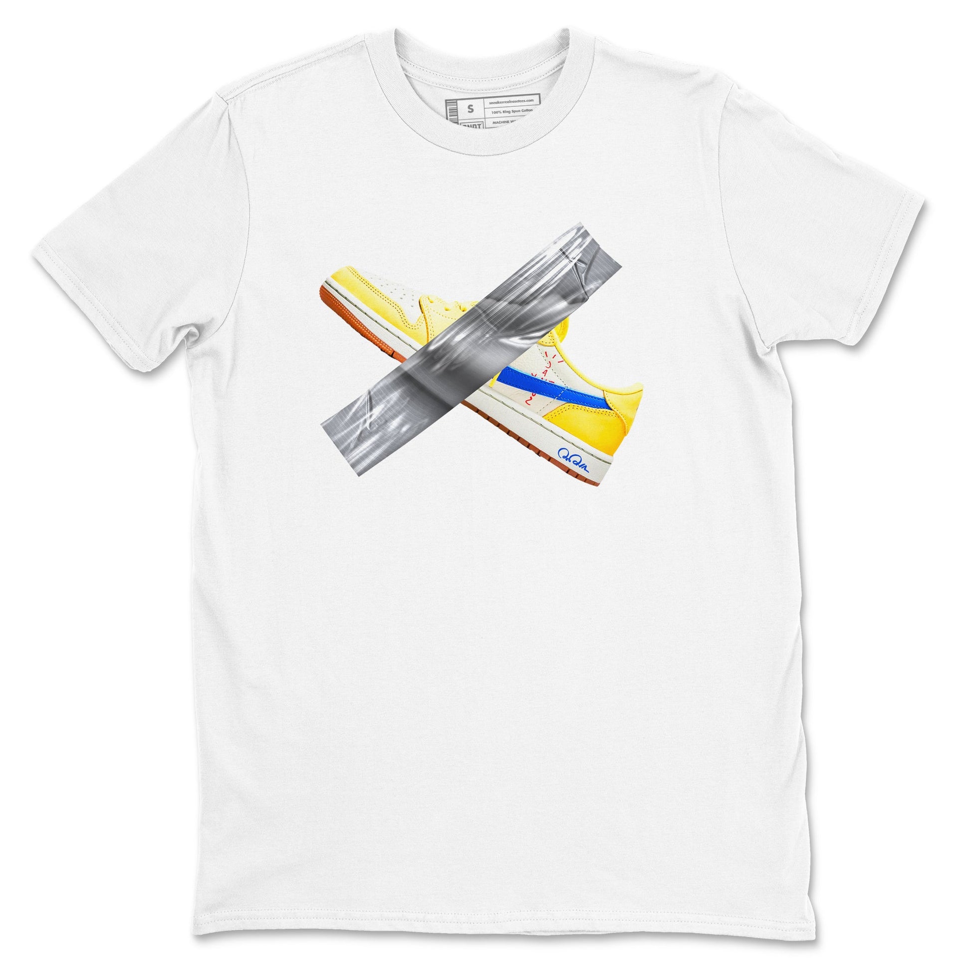 1s Travis Scott Canary shirt to match jordans Duct Tape sneaker tees Air Jordan 1 Travis Scott Canary SNRT Sneaker Release Tees unisex cotton White 2 crew neck shirt