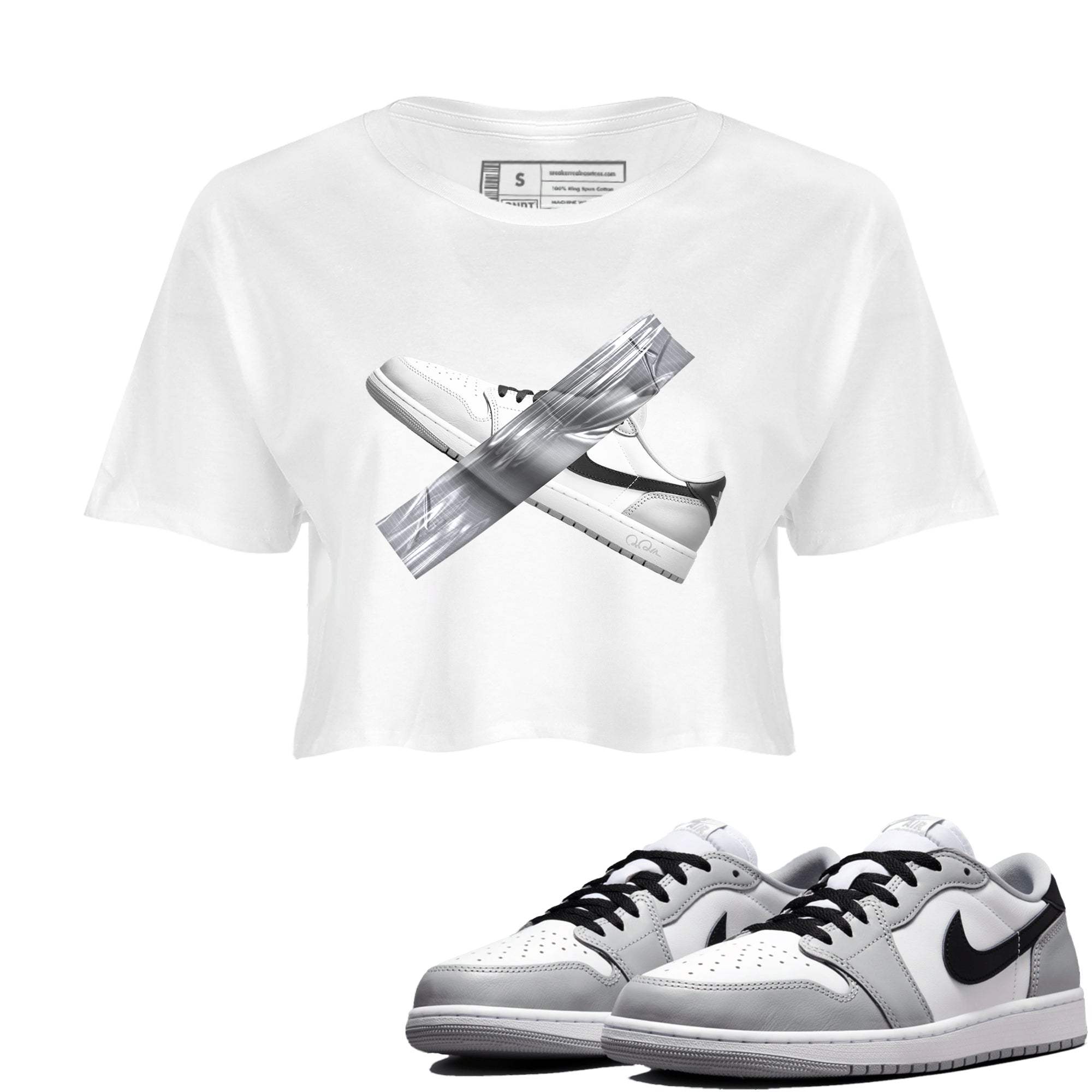 1s Wolf Grey shirts to match jordans Duct Tape sneaker match tees Air Jordan 1 Wolf Grey SNRT Sneaker Tees streetwear brand White 1 crop tee