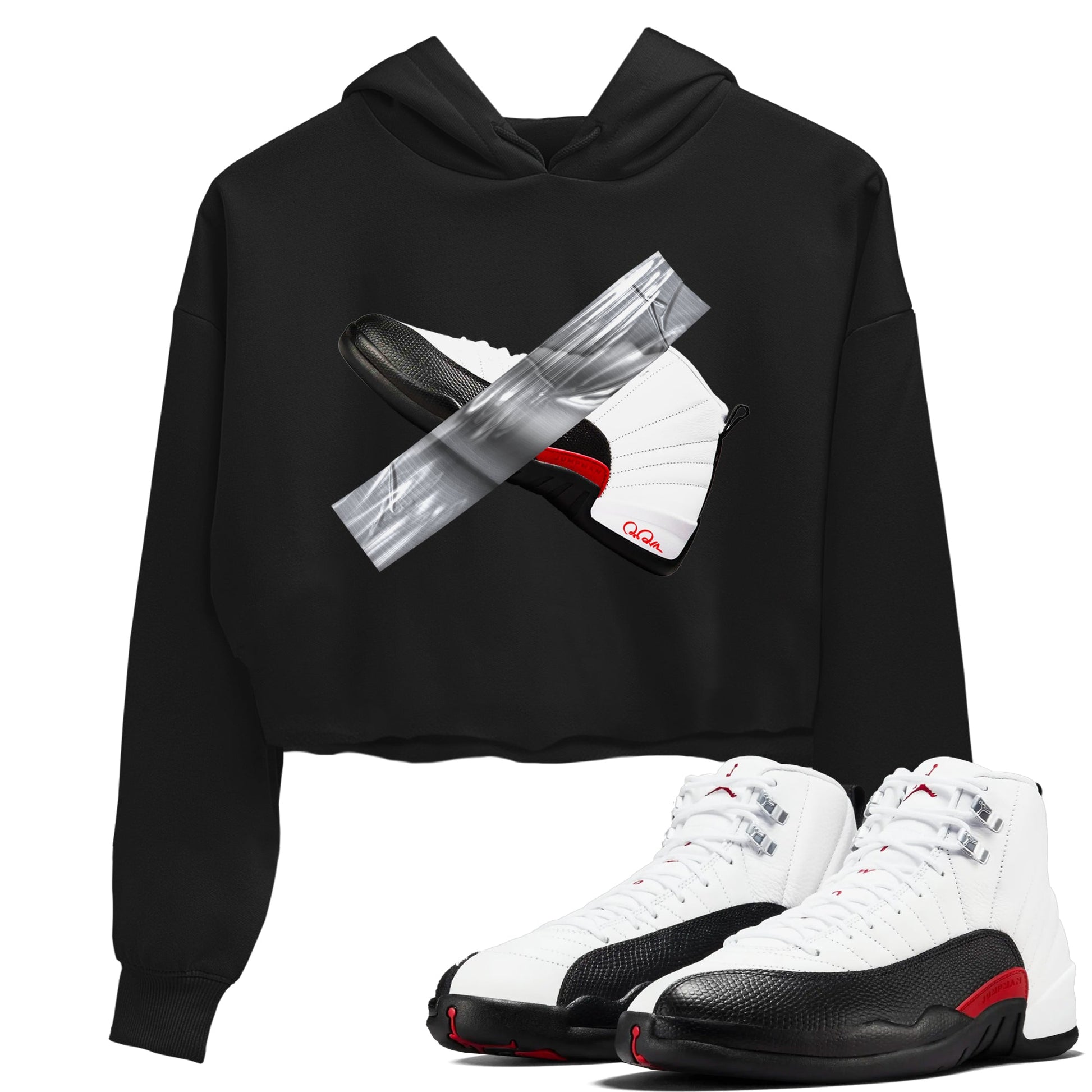 12s Taxi Flip shirts to match jordans Duct Tape sneaker match tees Air Jordan 12 Taxi Flip SNRT Sneaker Tees streetwear brand Black 1 crop tee
