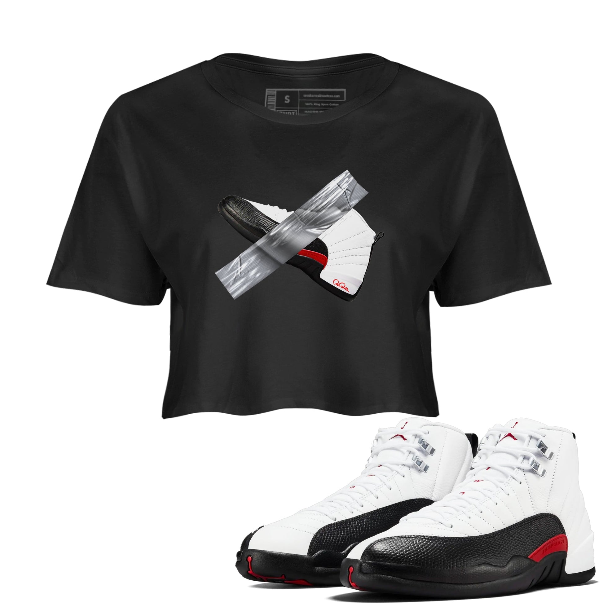 12s Taxi Flip shirts to match jordans Duct Tape sneaker match tees Air Jordan 12 Taxi Flip SNRT Sneaker Tees streetwear brand Black 1 crop tee