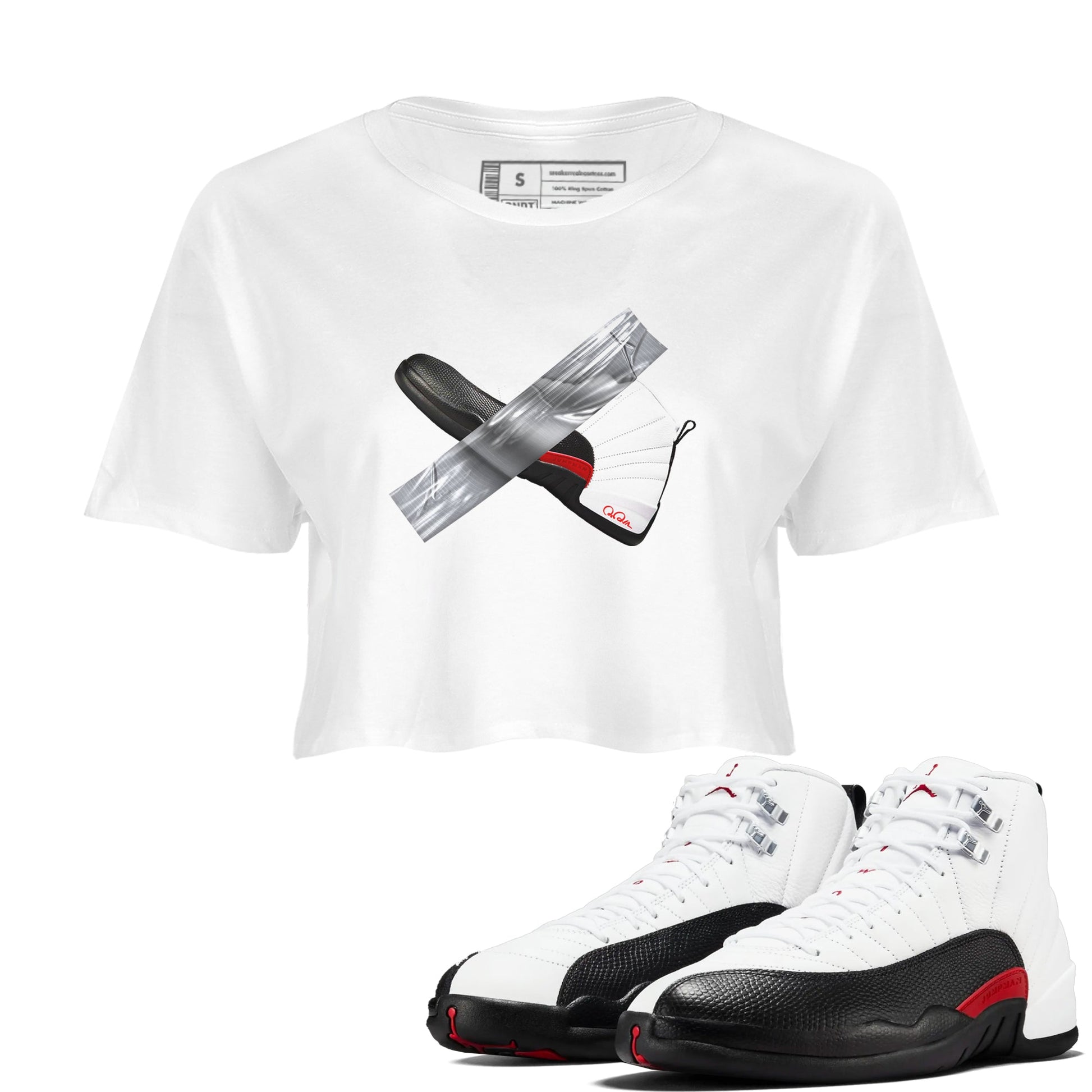 12s Taxi Flip shirts to match jordans Duct Tape sneaker match tees Air Jordan 12 Taxi Flip SNRT Sneaker Tees streetwear brand White 1 crop tee