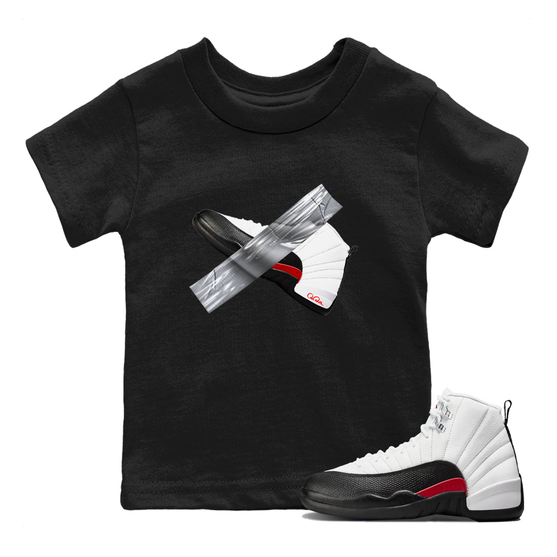 12s Taxi Flip shirts to match jordans Duct Tape sneaker match tees Air Jordan 12 Taxi Flip SNRT Sneaker Tees streetwear brand Baby and Youth Black 1 cotton tee