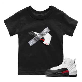12s Taxi Flip shirts to match jordans Duct Tape sneaker match tees Air Jordan 12 Taxi Flip SNRT Sneaker Tees streetwear brand Baby and Youth Black 1 cotton tee