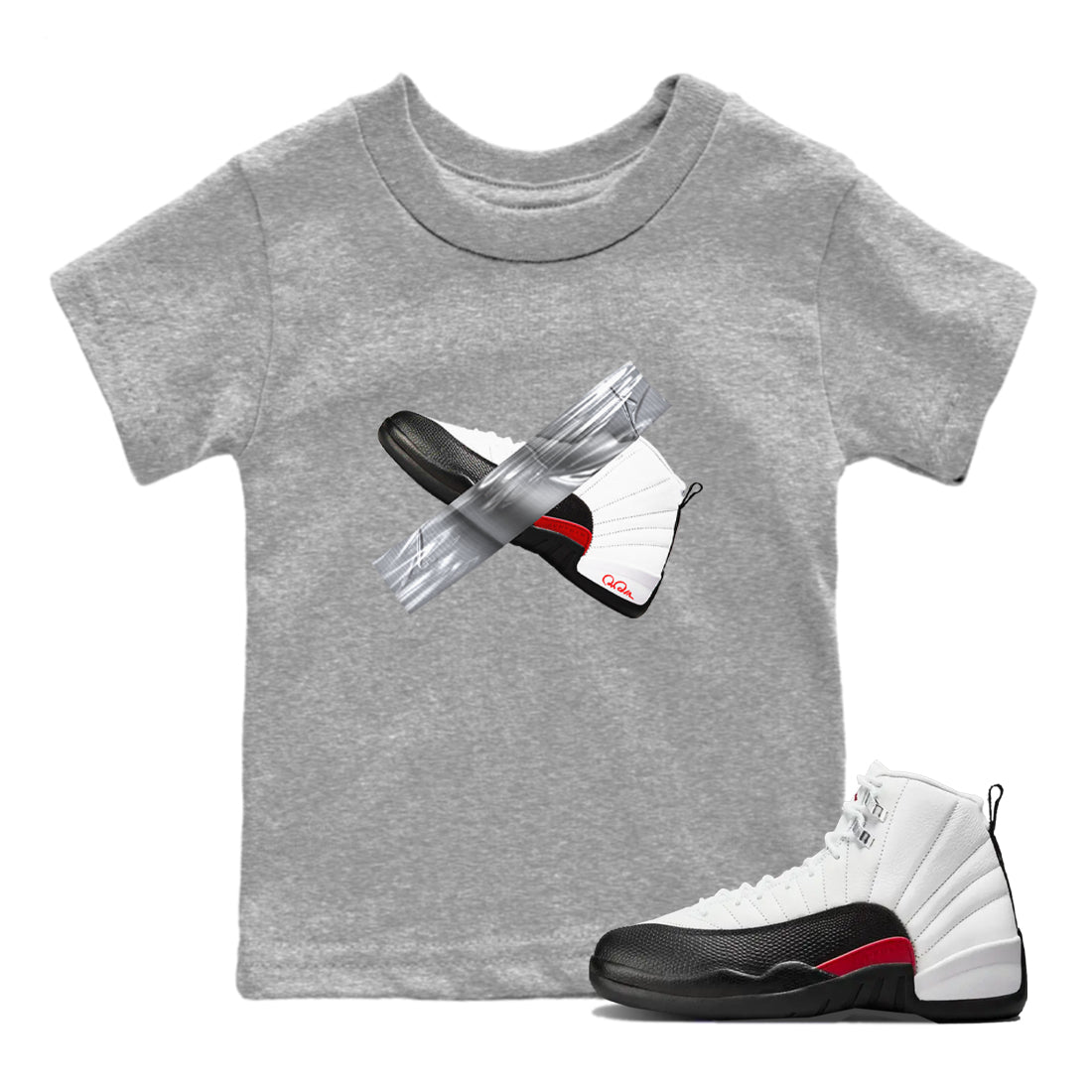 12s Taxi Flip shirts to match jordans Duct Tape sneaker match tees Air Jordan 12 Taxi Flip SNRT Sneaker Tees streetwear brand Baby and Youth Heather Grey 1 cotton tee