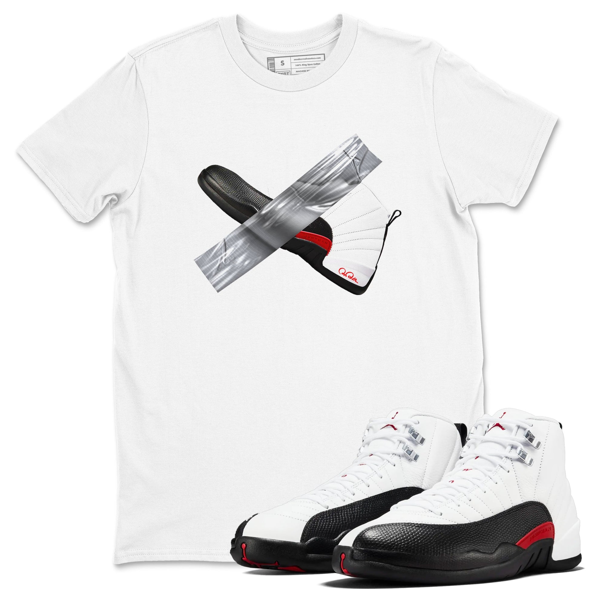 12s Taxi Flip shirts to match jordans Duct Tape sneaker match tees Air Jordan 12 Taxi Flip SNRT Sneaker Tees streetwear brand White 1 unisex cotton tee