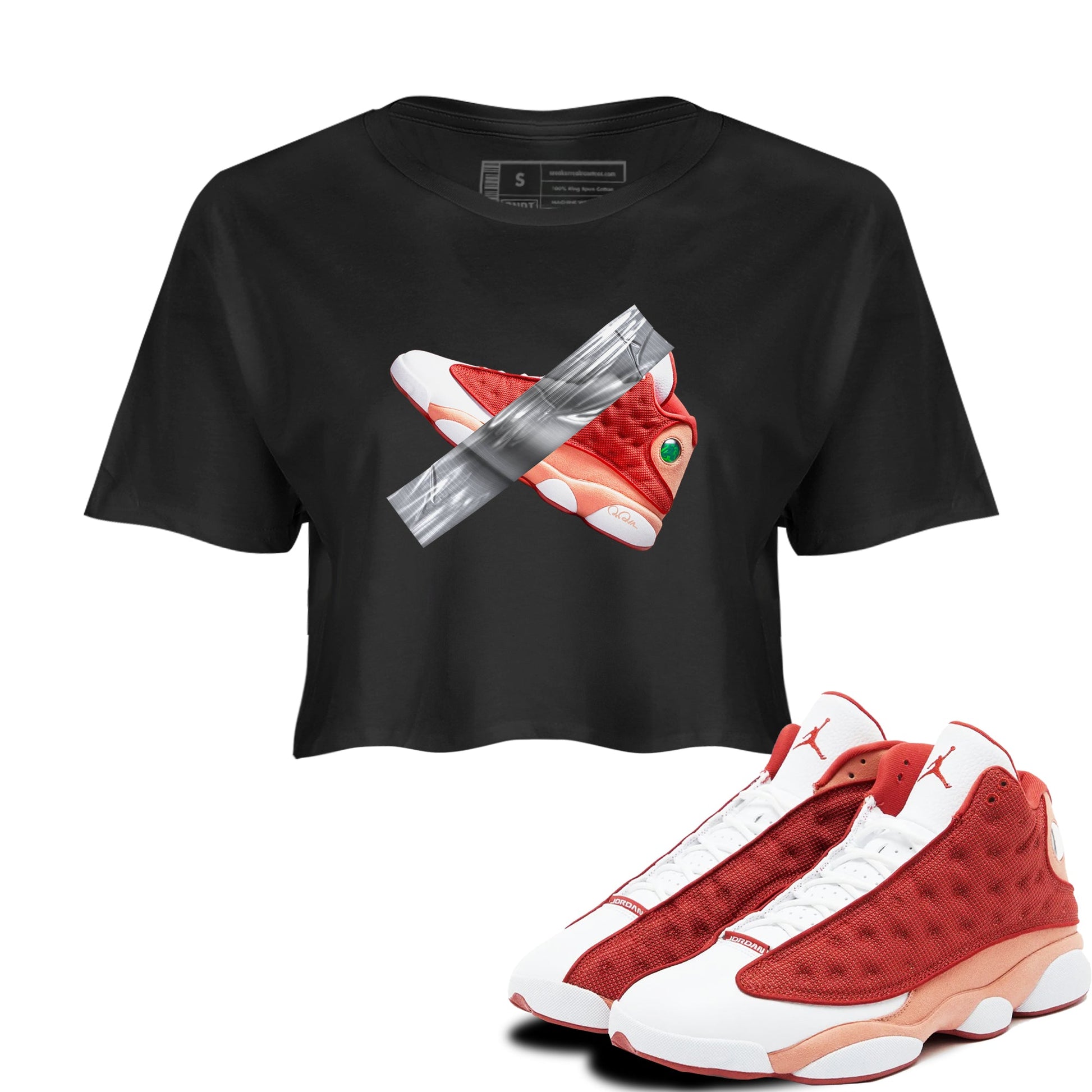 13s Dune Red shirts to match jordans Duct Tape sneaker match tees Air Jordan 13 Dune Red SNRT Sneaker Tees streetwear brand Black 1 crop tee