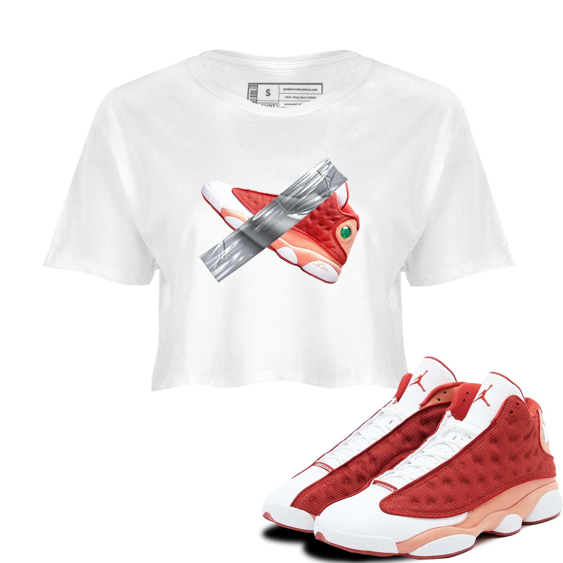 13s Dune Red shirts to match jordans Duct Tape sneaker match tees Air Jordan 13 Dune Red SNRT Sneaker Tees streetwear brand White 1 crop tee