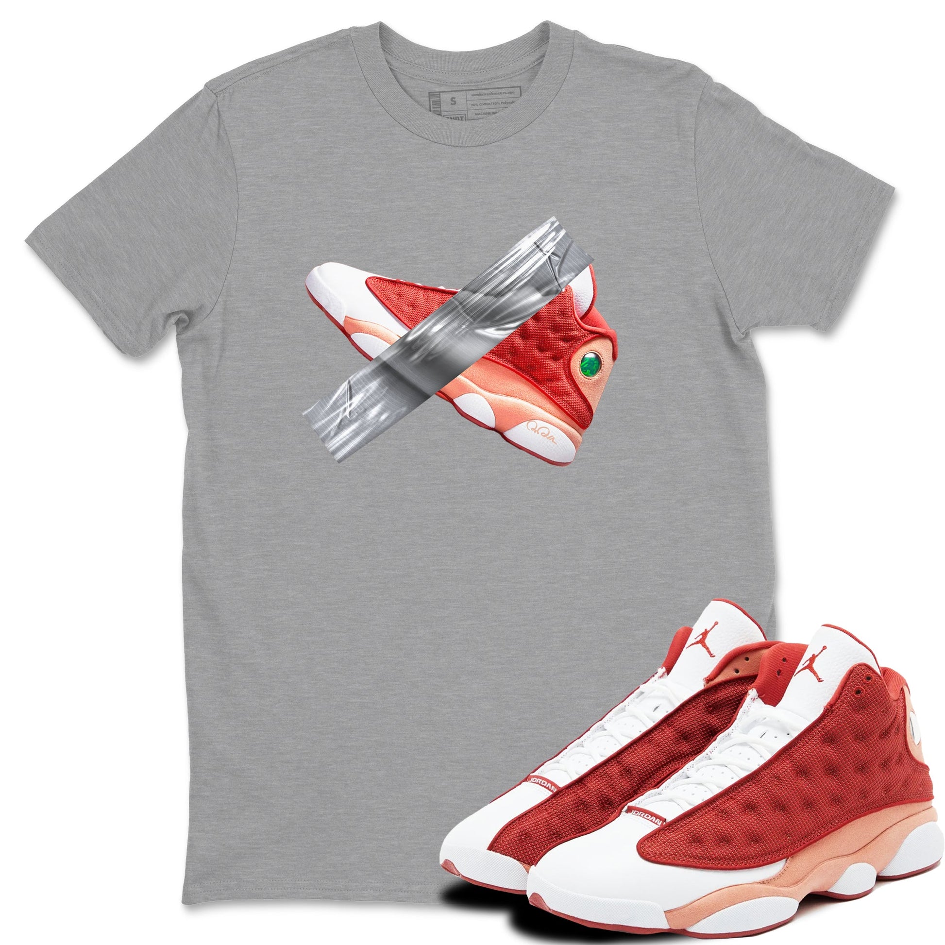 13s Dune Red shirts to match jordans Duct Tape sneaker match tees Air Jordan 13 Dune Red SNRT Sneaker Tees streetwear brand Heather Grey 1 unisex cotton tee