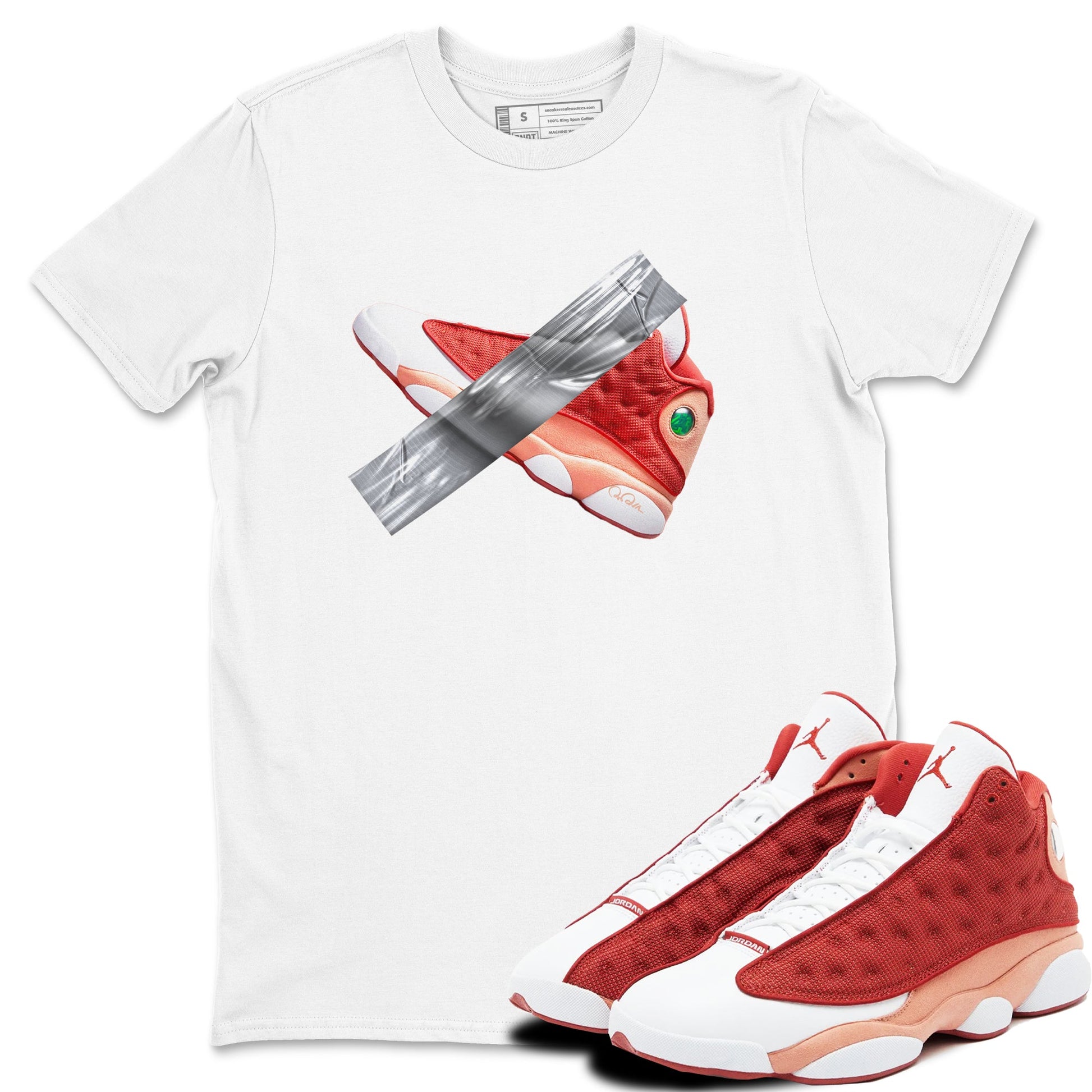 13s Dune Red shirts to match jordans Duct Tape sneaker match tees Air Jordan 13 Dune Red SNRT Sneaker Tees streetwear brand White 1 unisex cotton tee