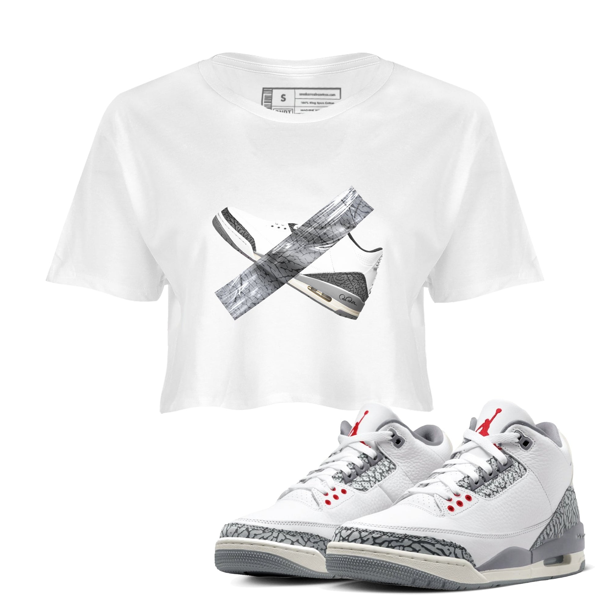 3s Cement Grey shirts to match jordans Duct Tape sneaker match tees Air Jordan 3 Cement Grey SNRT Sneaker Release Tees unisex cotton White 1 Crop Shirts