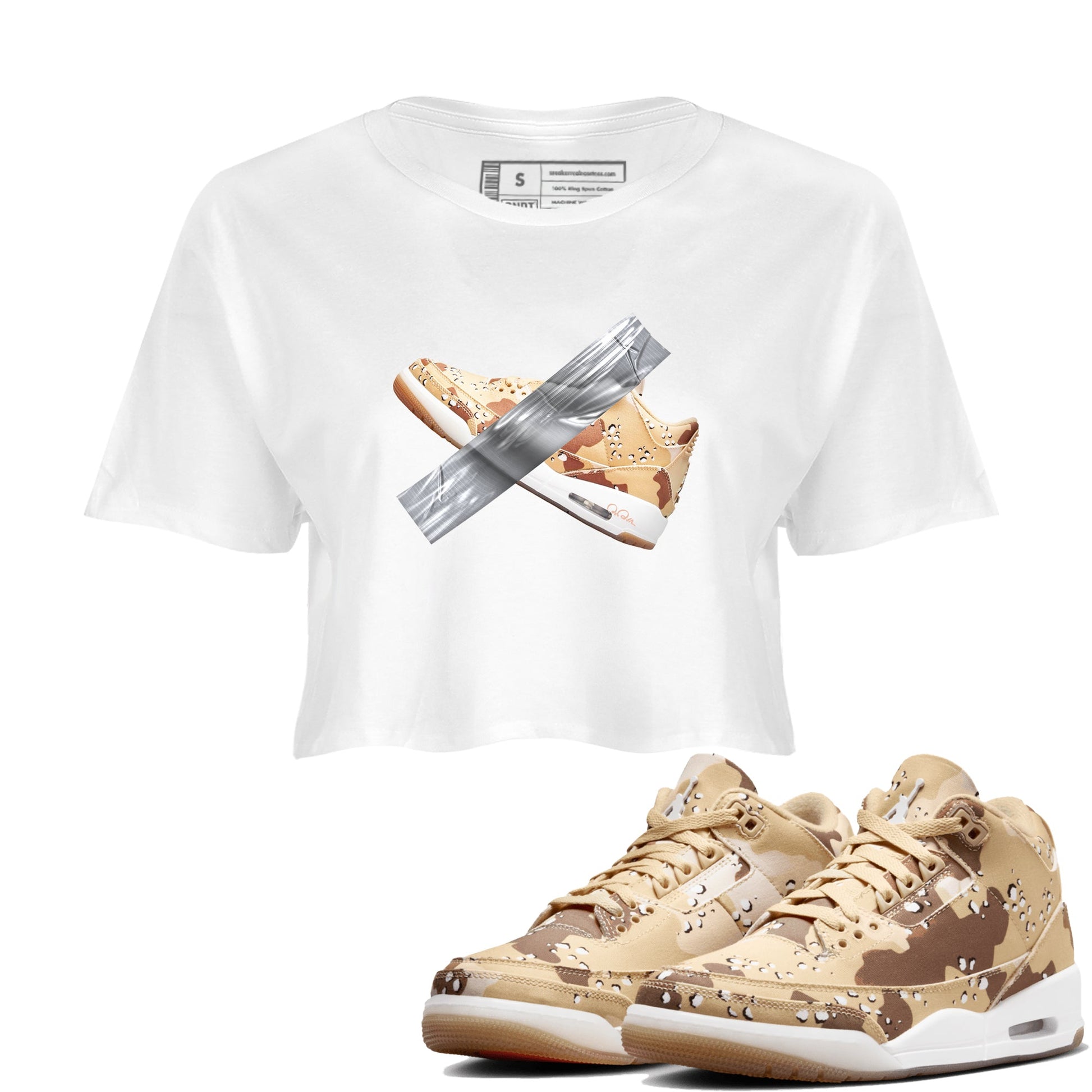 AJ3 Desert Camo shirts to match jordans Duct Tape sneaker match tees Air Jordan 3 Desert Camo SNRT Sneaker Tees streetwear brand White 1 crop tee