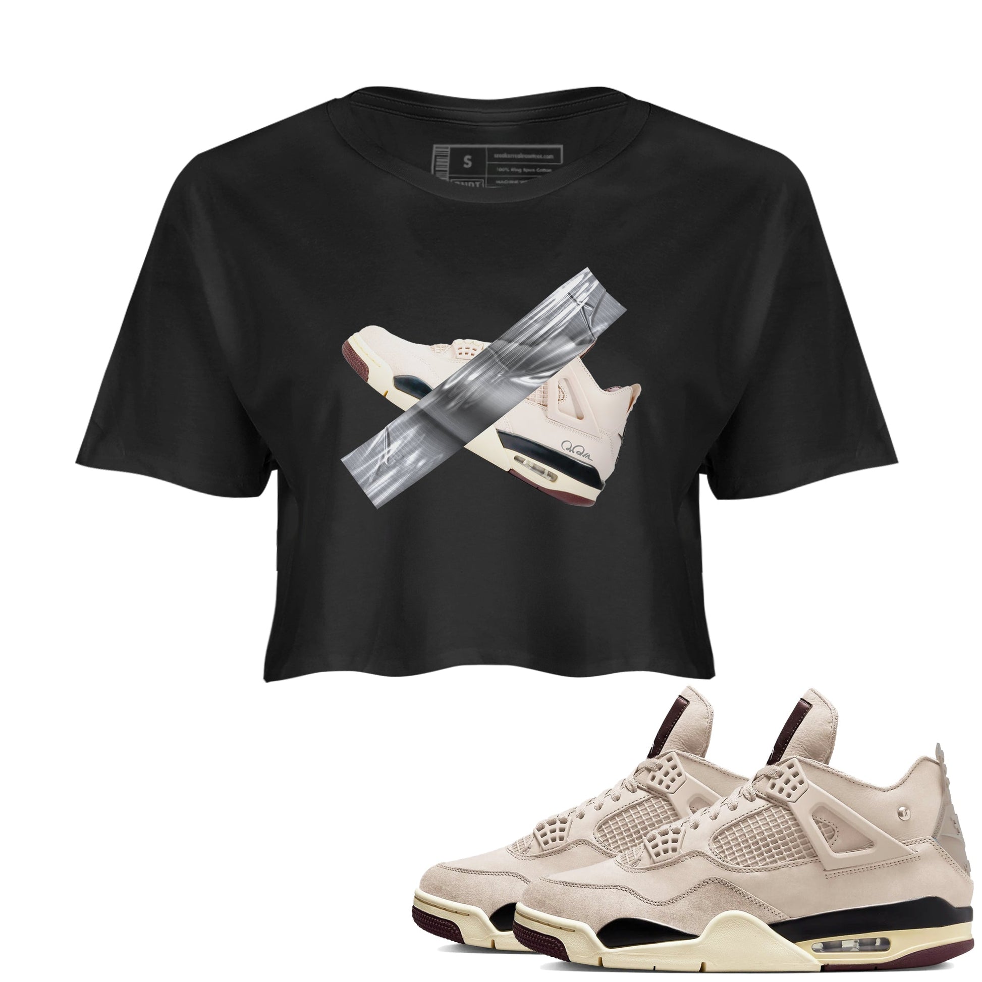 4s A Ma Maniere x Fossil Stone shirts to match jordans Duct tape sneaker match tees Air Jordan 4 A Ma Maniere x Fossil Stone match shoes to clothes SNRT Sneaker Tees unisex cotton Black 1 crop tee