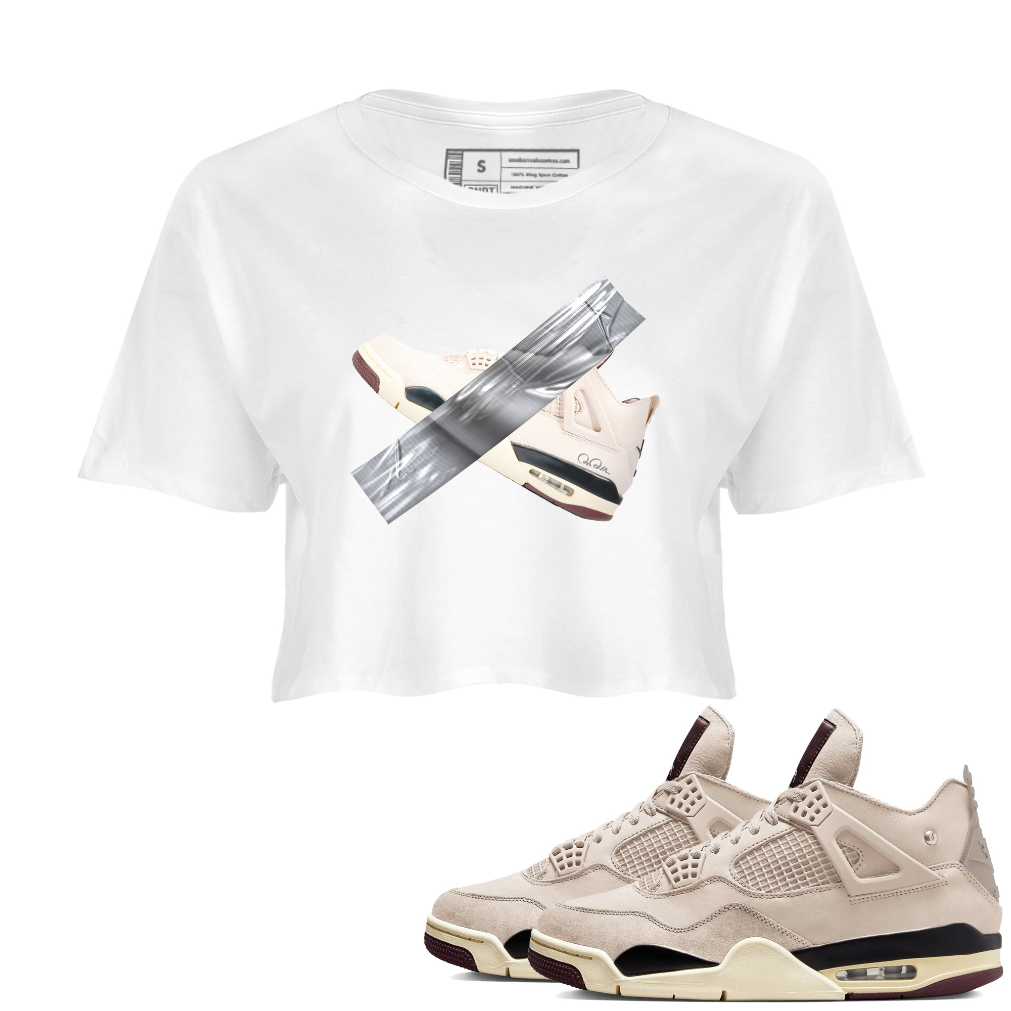 4s A Ma Maniere x Fossil Stone shirts to match jordans Duct tape sneaker match tees Air Jordan 4 A Ma Maniere x Fossil Stone match shoes to clothes SNRT Sneaker Tees unisex cotton White 1 crop tee