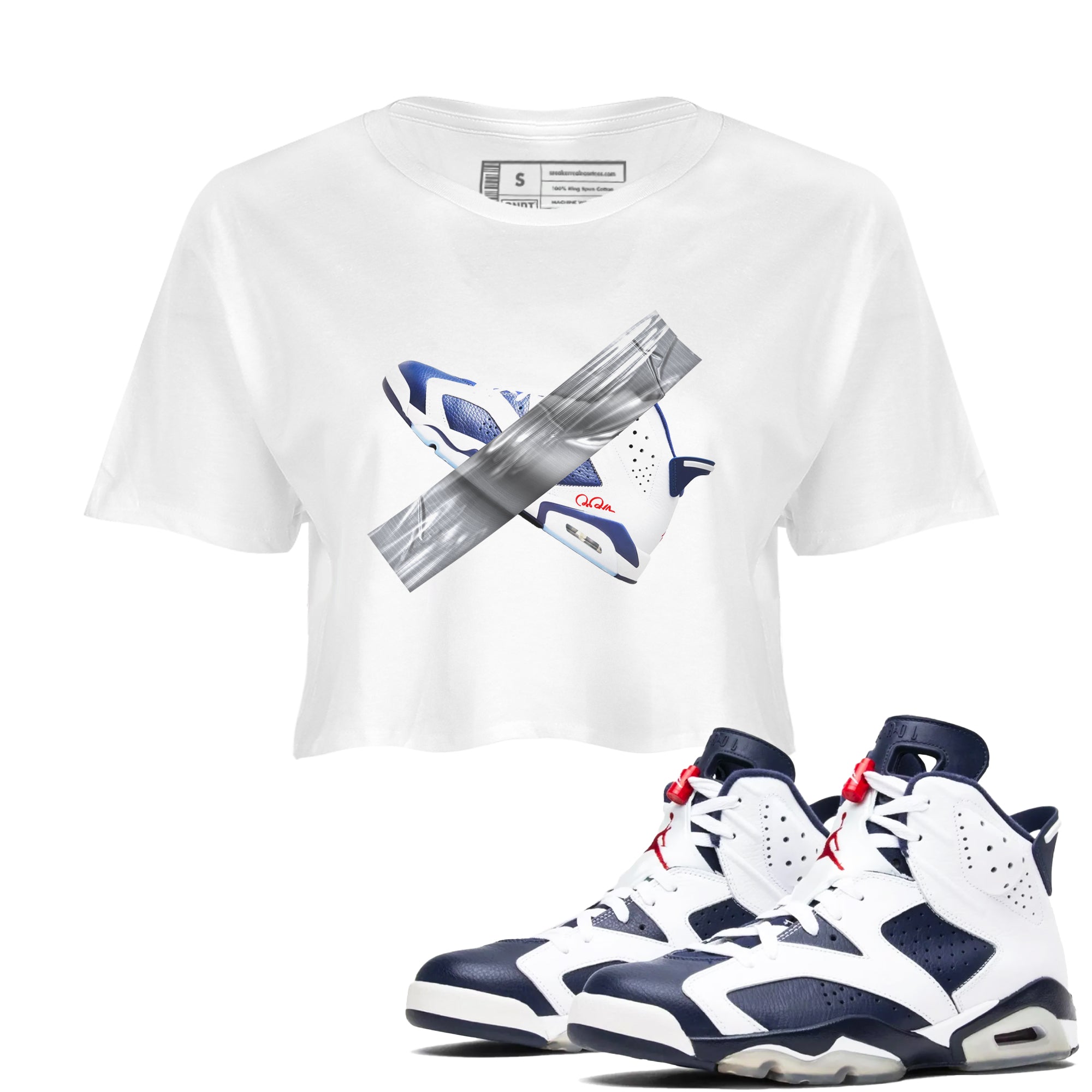 6s White And Midnight Navy shirts to match jordans Duct Tape sneaker match tees Air Jordan 6 White And Midnight Navy SNRT Sneaker Tees streetwear brand White 1 crop tee