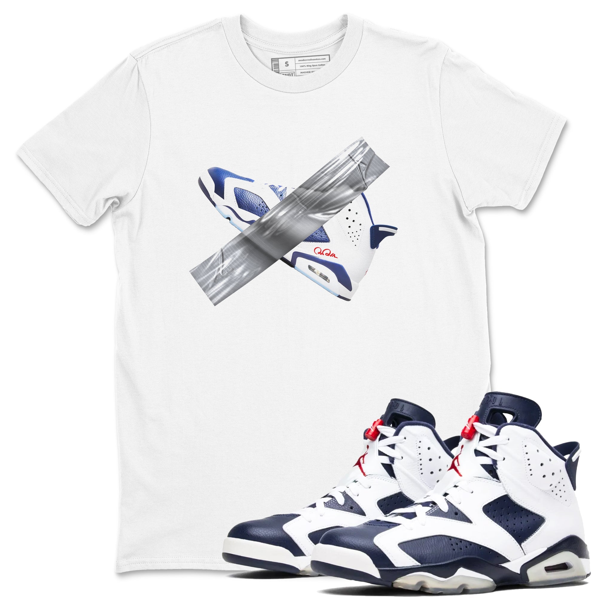 6s White And Midnight Navy shirts to match jordans Duct Tape sneaker match tees Air Jordan 6 White And Midnight Navy SNRT Sneaker Tees streetwear brand White 1 unisex cotton tee