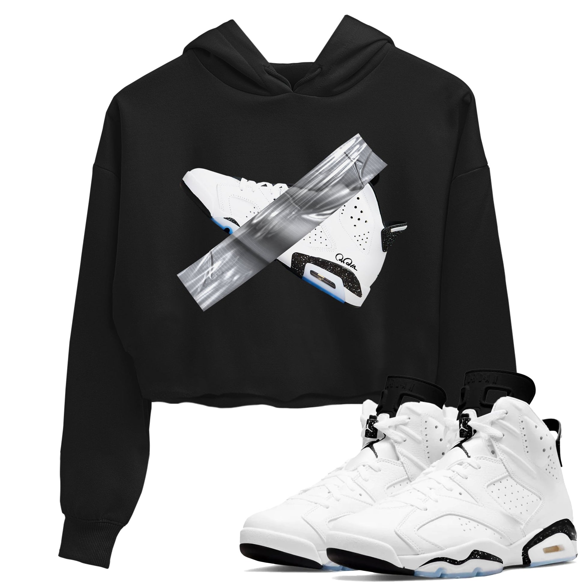 AJ6 White Black shirts to match jordans Duct Tape sneaker match tees Air Jordan 6 White Black SNRT Sneaker Tees streetwear brand Black 1 crop tee