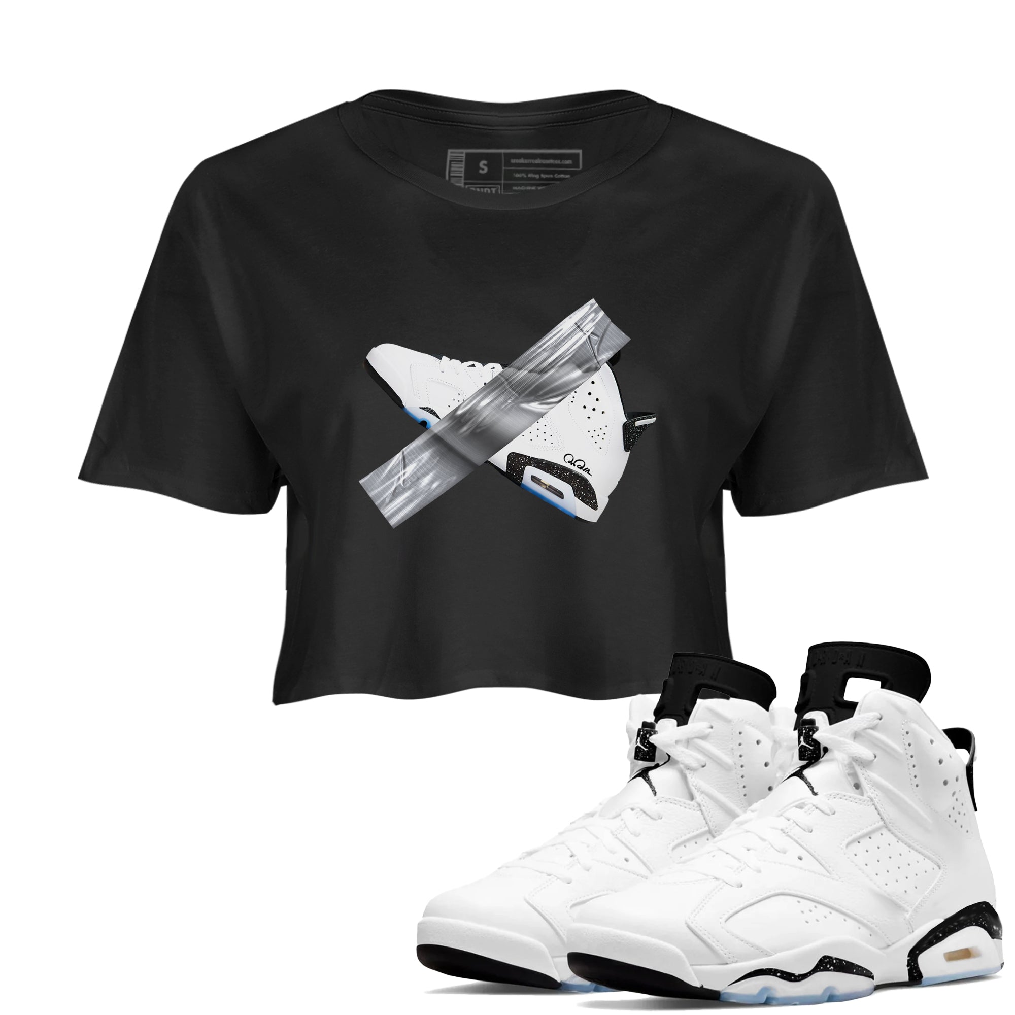 AJ6 White Black shirts to match jordans Duct Tape sneaker match tees Air Jordan 6 White Black SNRT Sneaker Tees streetwear brand Black 1 crop tee