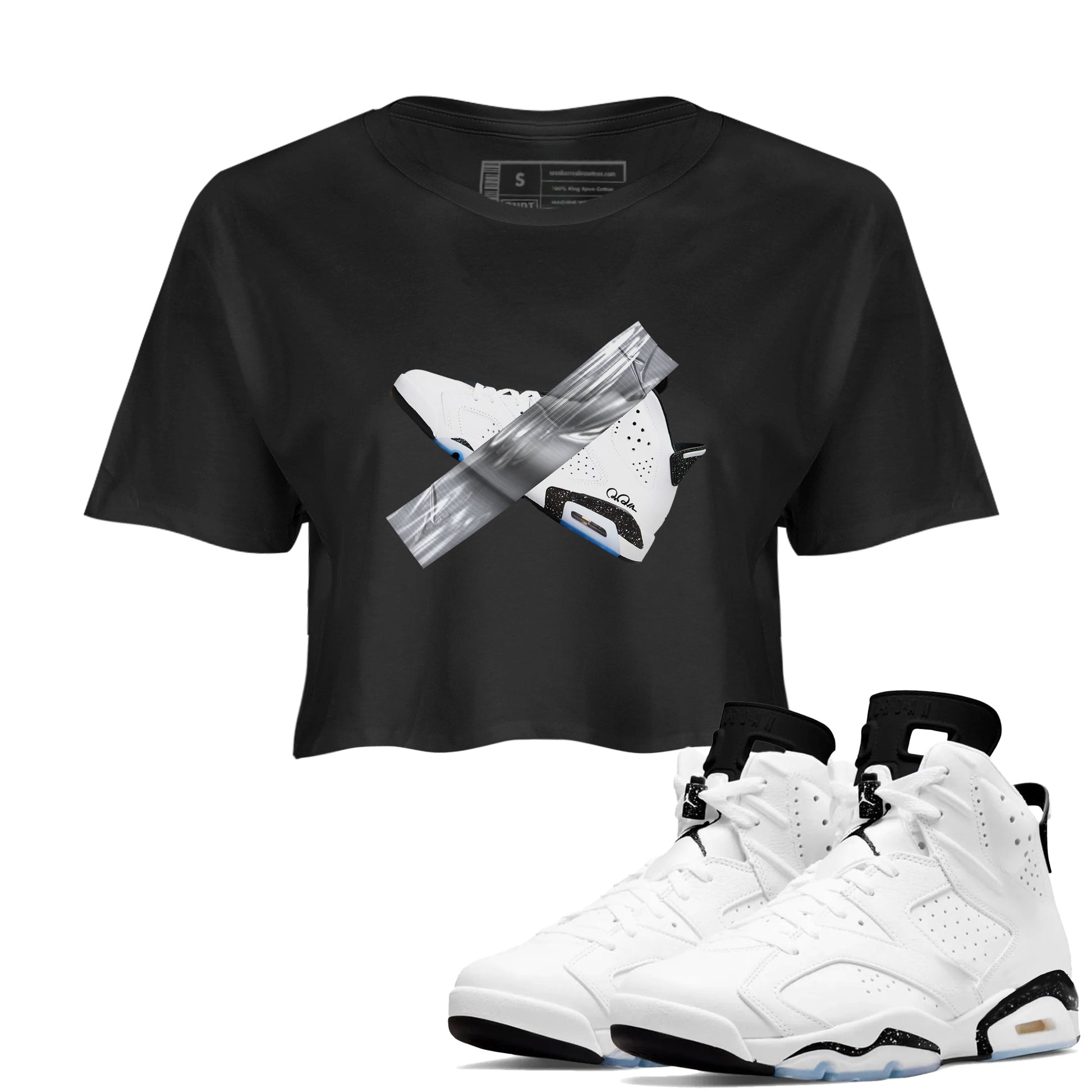 AJ6 White Black shirts to match jordans Duct Tape sneaker match tees Air Jordan 6 White Black SNRT Sneaker Tees streetwear brand Black 1 crop tee
