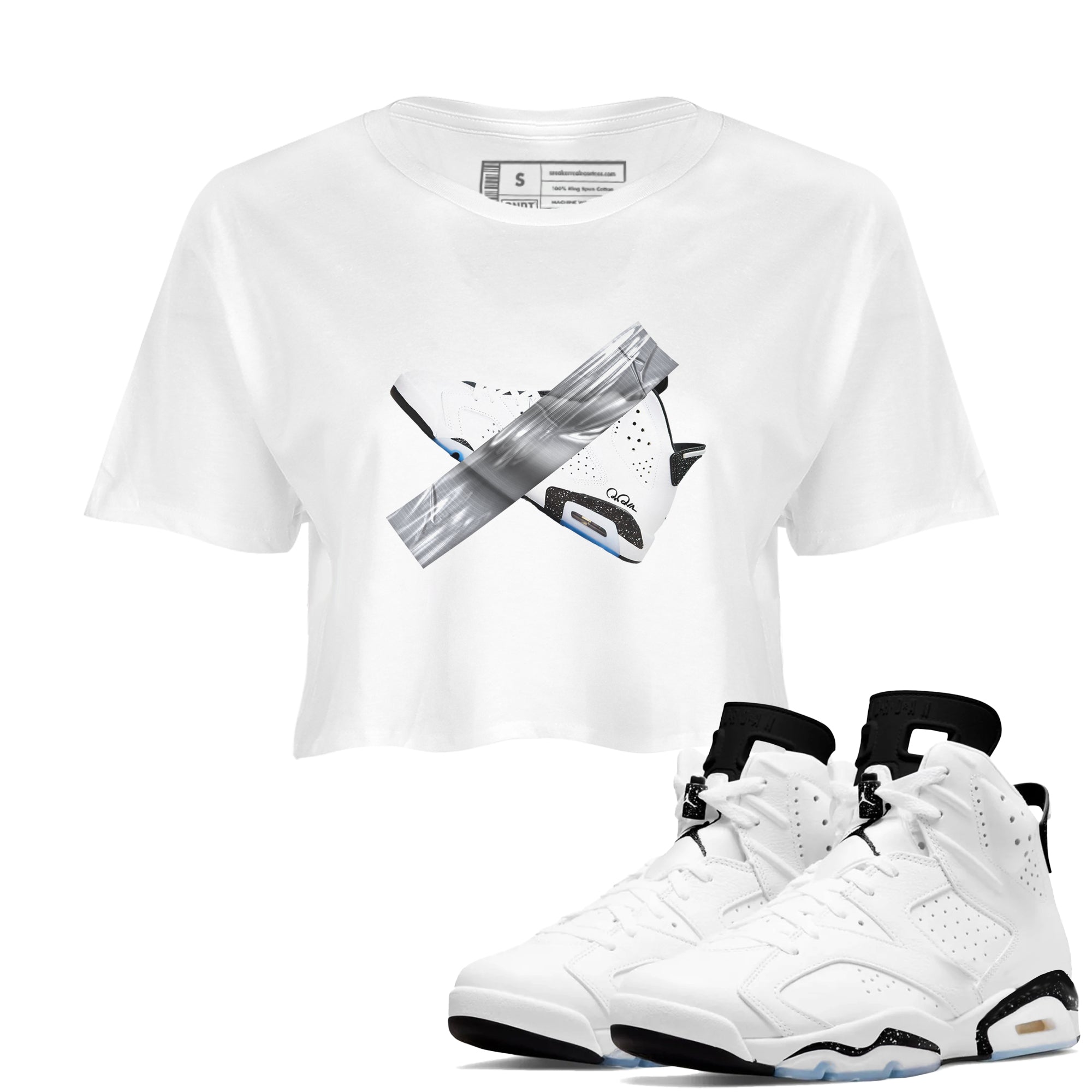 AJ6 White Black shirts to match jordans Duct Tape sneaker match tees Air Jordan 6 White Black SNRT Sneaker Tees streetwear brand White 1 crop tee