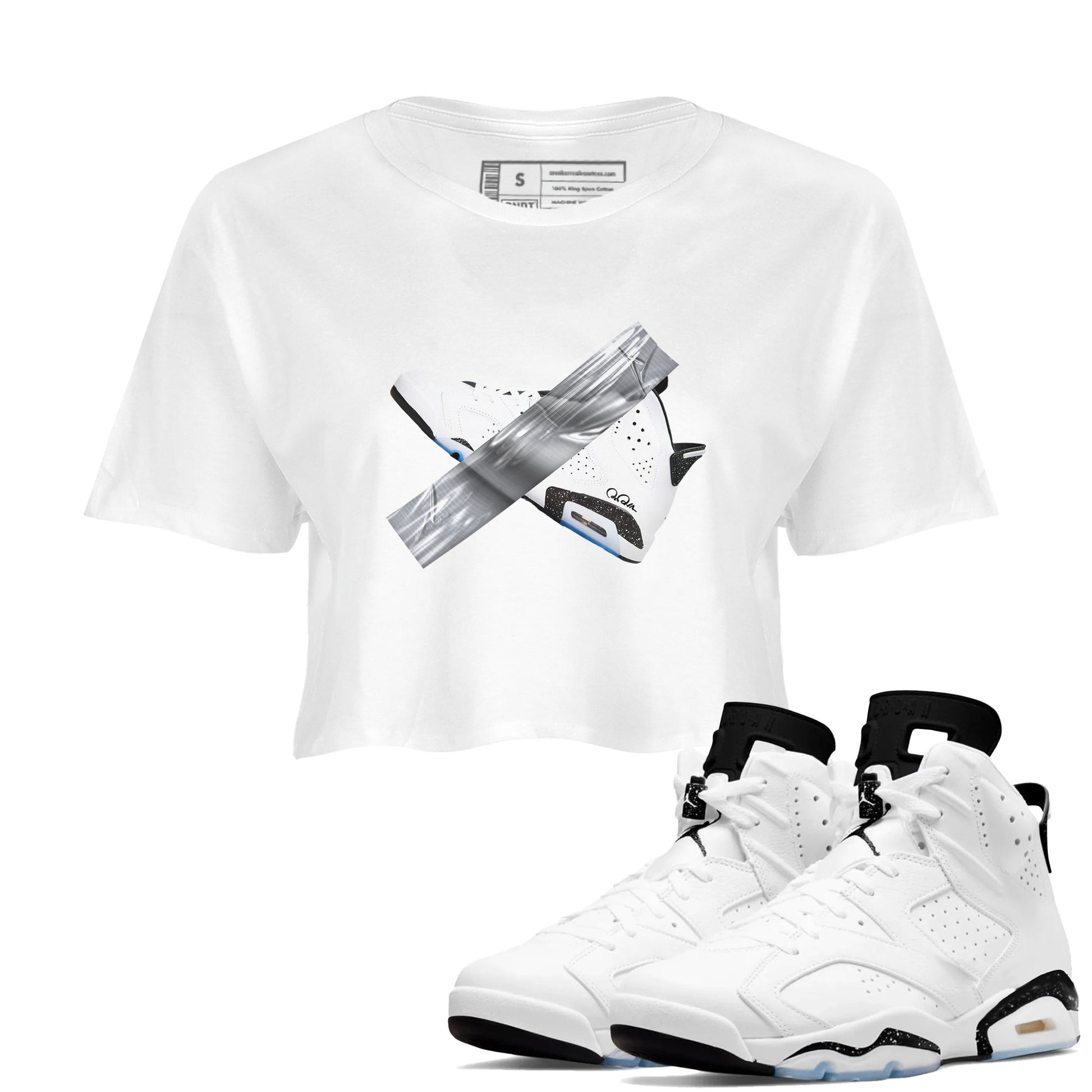 AJ6 White Black shirts to match jordans Duct Tape sneaker match tees Air Jordan 6 White Black SNRT Sneaker Tees streetwear brand White 1 crop tee