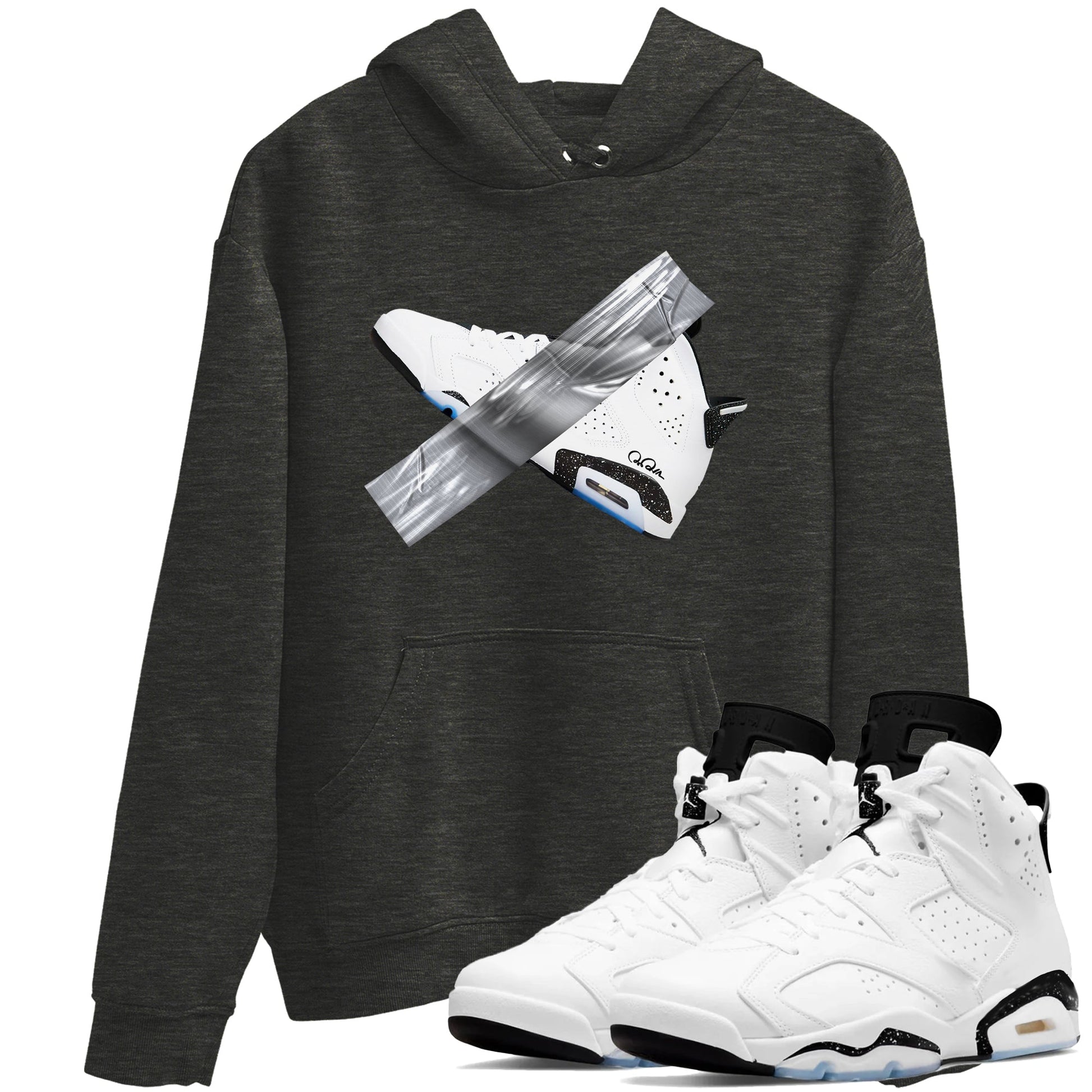AJ6 White Black shirts to match jordans Duct Tape sneaker match tees Air Jordan 6 White Black SNRT Sneaker Tees streetwear brand Charcoal Heather 1 unisex cotton tee