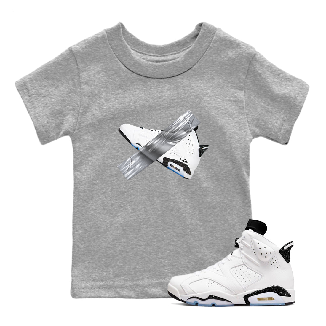 AJ6 White Black shirts to match jordans Duct Tape sneaker match tees Air Jordan 6 White Black SNRT Sneaker Tees streetwear brand Baby and Youth Heather Grey 1 cotton tee