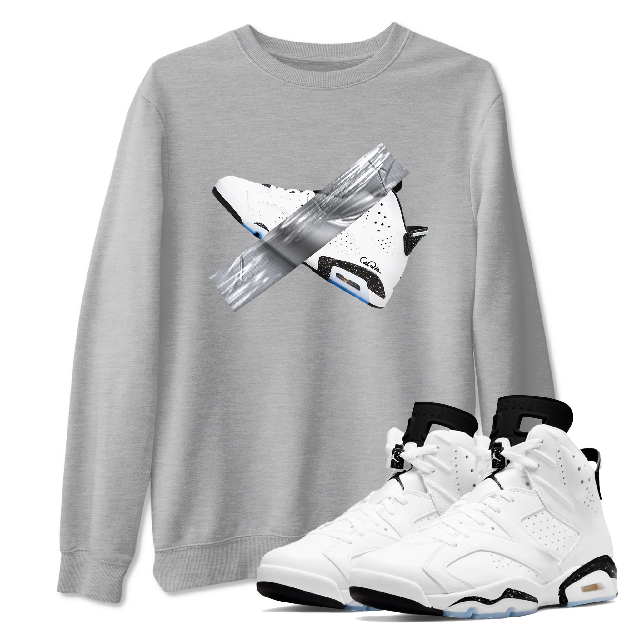 AJ6 White Black shirts to match jordans Duct Tape sneaker match tees Air Jordan 6 White Black SNRT Sneaker Tees streetwear brand Heather Grey 1 unisex cotton tee