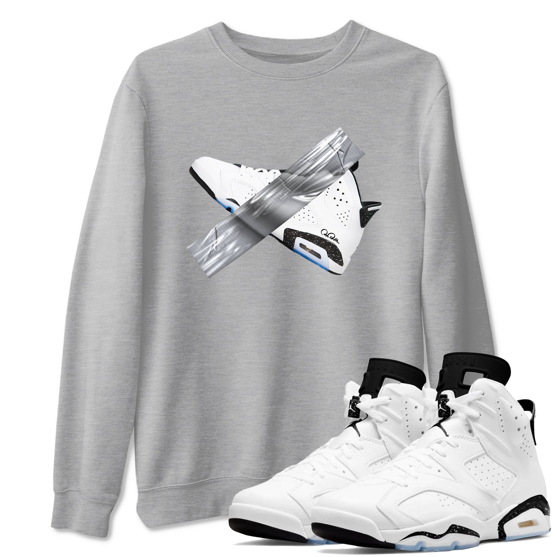 AJ6 White Black shirts to match jordans Duct Tape sneaker match tees Air Jordan 6 White Black SNRT Sneaker Tees streetwear brand Heather Grey 1 unisex cotton tee